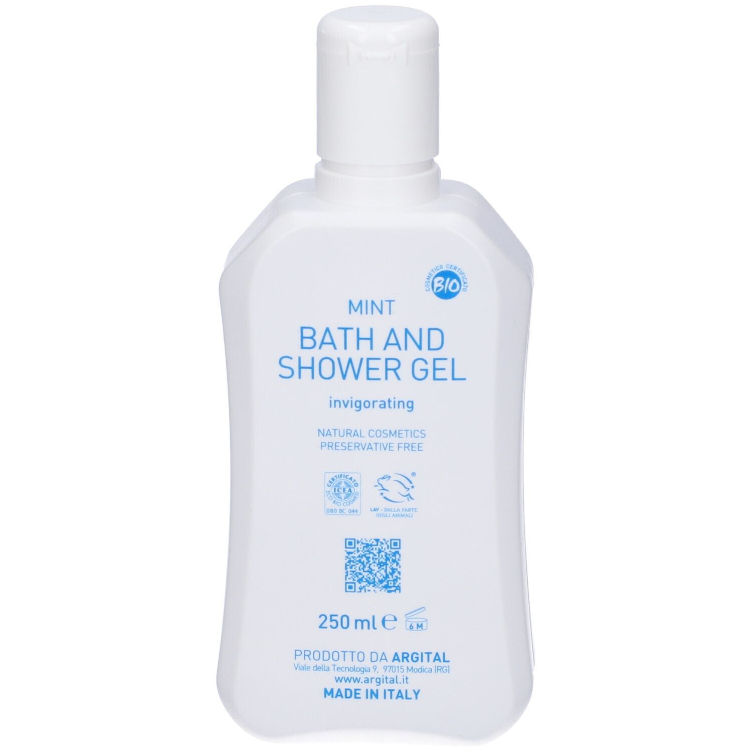 Flacone bianco con tappo a ribalta. Scritta: Mint Bath and Shower Gel, invigorating. Certificazione bio. Logo Argital.