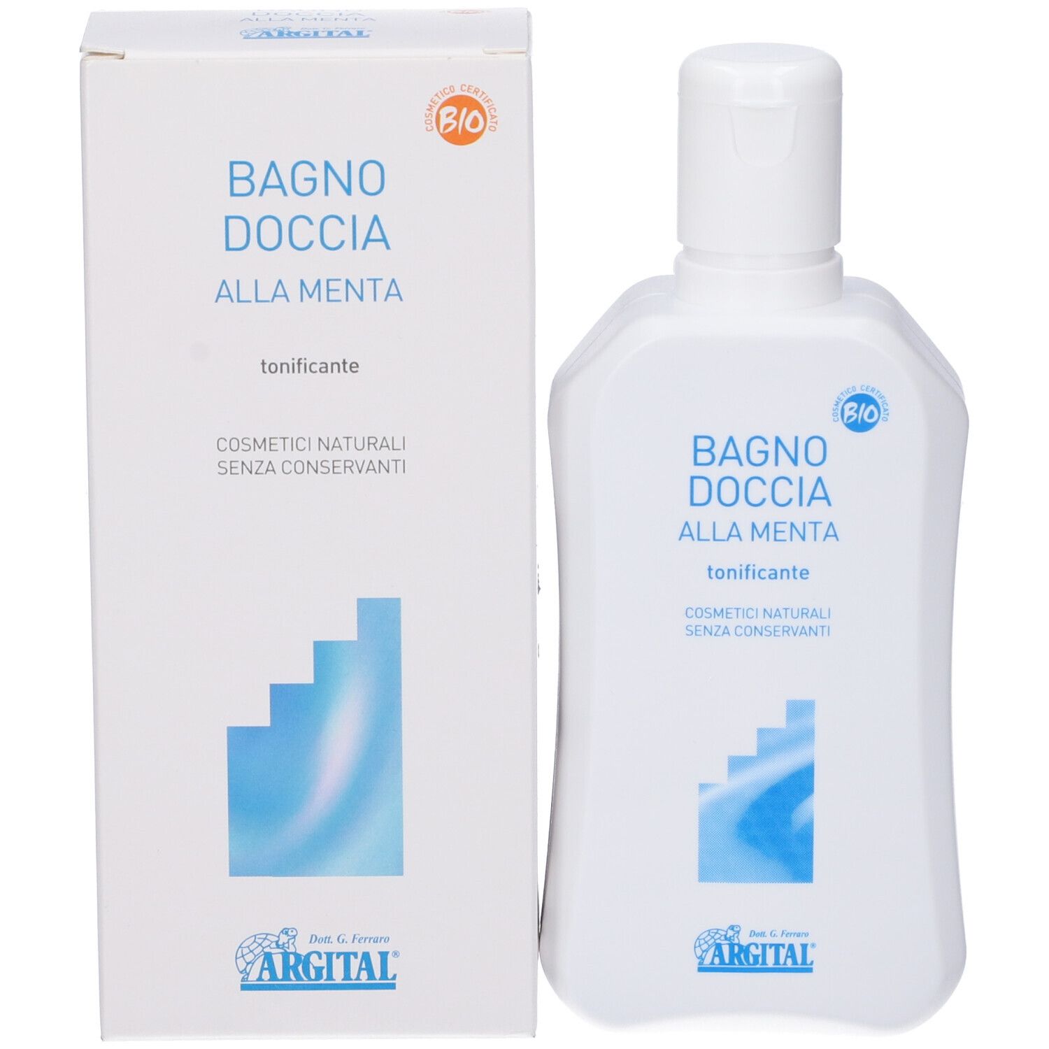 Flacone e confezione. Scritta: Bagno Doccia alla Menta, tonificante. Certificazione bio. Logo Argital. Scatola bianca.