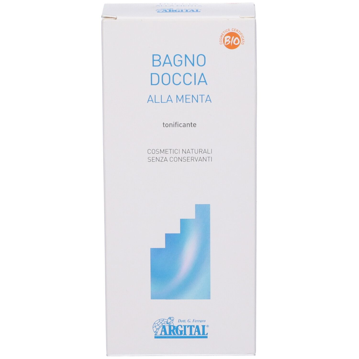 Confezione bianca. Scritta: Bagno Doccia alla Menta, tonificante. Certificazione bio. Logo Argital. Scatola bianca.