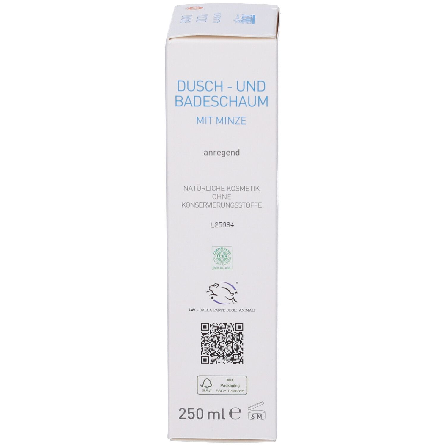 Confezione bianca. Scritta: Dusch- und Badeschaum mit Minze, anregend. Certificazione bio. Codice QR. 250 ml.