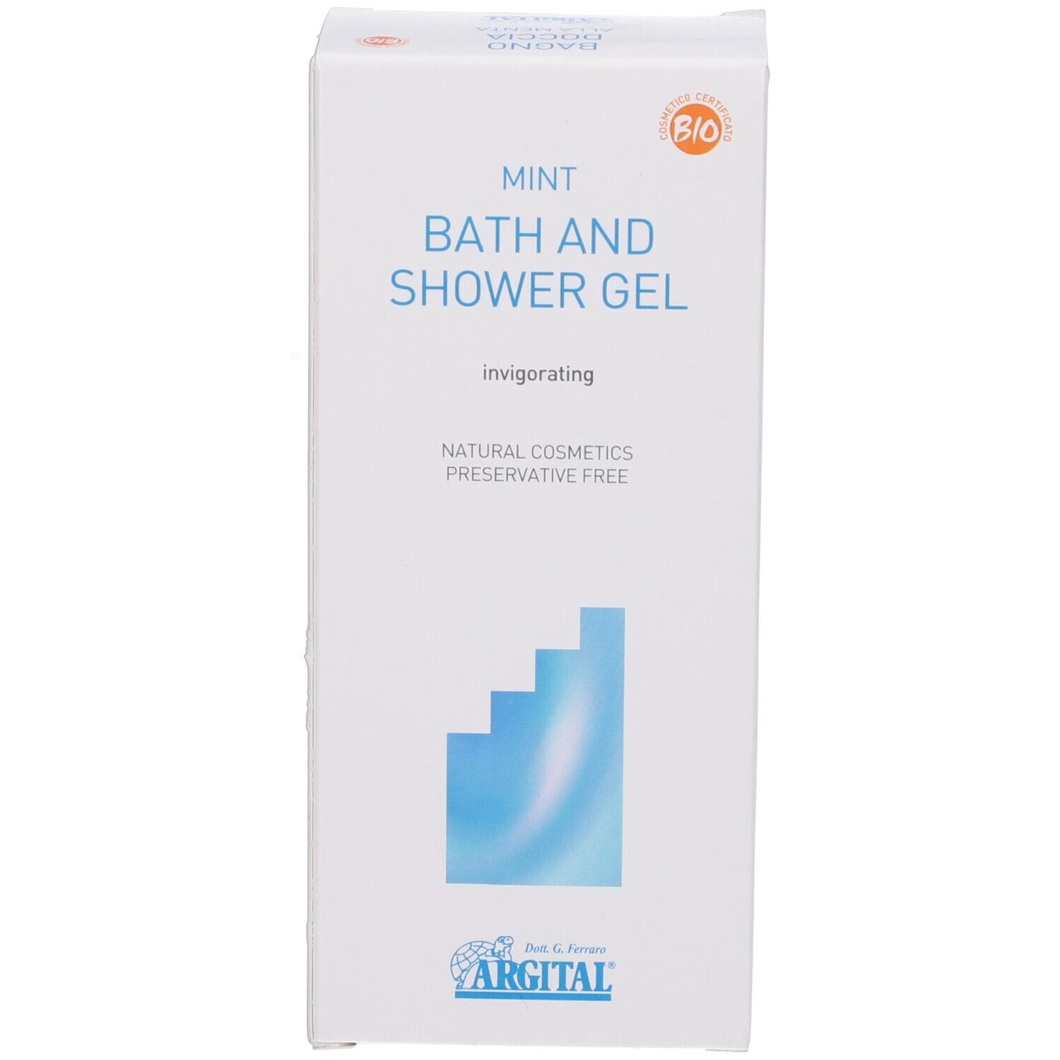Confezione bianca. Scritta: Mint Bath and Shower Gel, invigorating. Certificazione bio. Logo Argital. Scatola bianca.