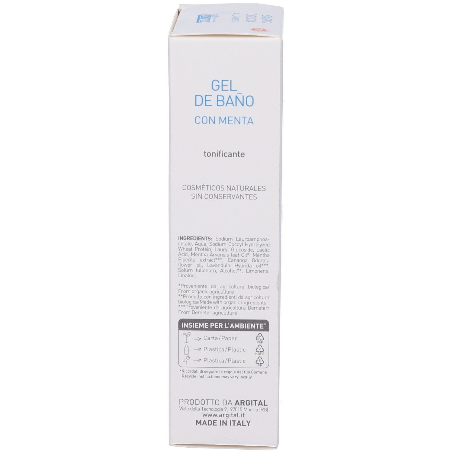 Confezione bianca. Scritta: Gel de Baño con Menta, tonificante. Ingredienti. Prodotto in Italia. Logo Argital.