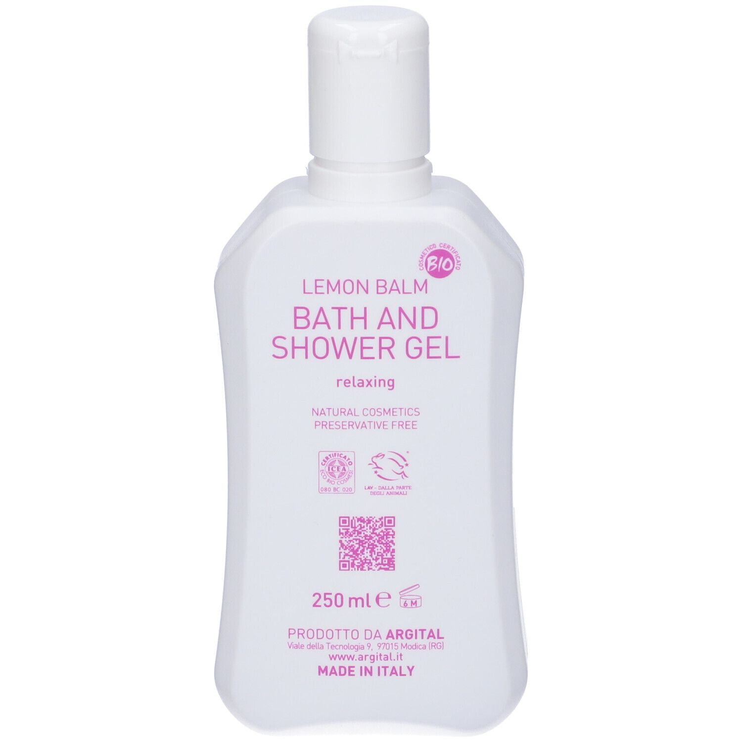 Flacone bianco con tappo a ribalta. Scritta: LEMON BALM BATH AND SHOWER GEL relaxing. Logo ARGITAL. Certificazione Bio.