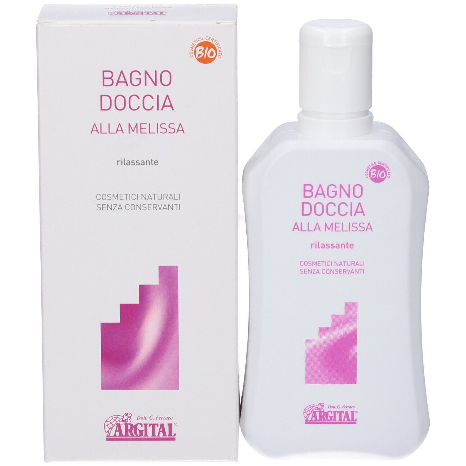 Flacone e confezione del prodotto. Scritta: BAGNO DOCCIA ALLA MELISSA rilassante. Logo ARGITAL. Certificazione Bio.
