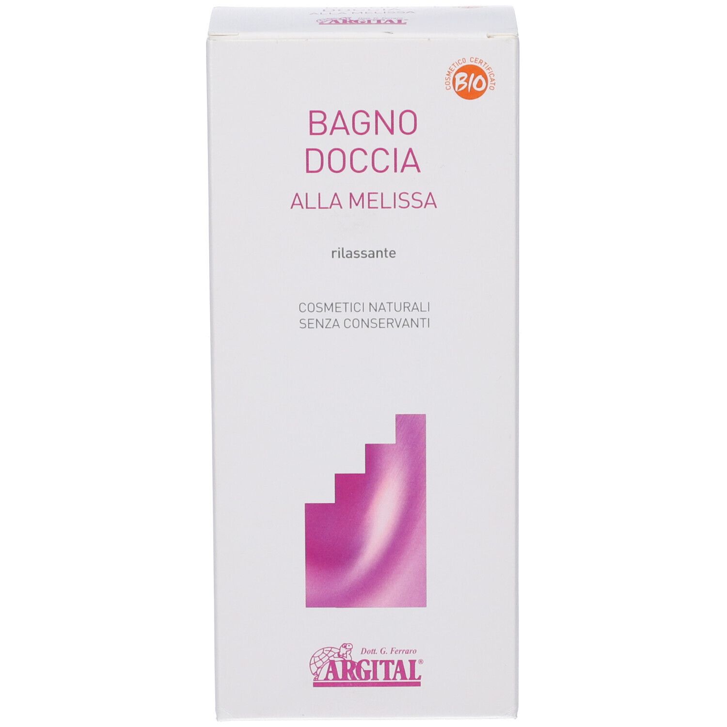 Confezione del prodotto. Scritta: BAGNO DOCCIA ALLA MELISSA rilassante. Logo ARGITAL. Certificazione Bio.