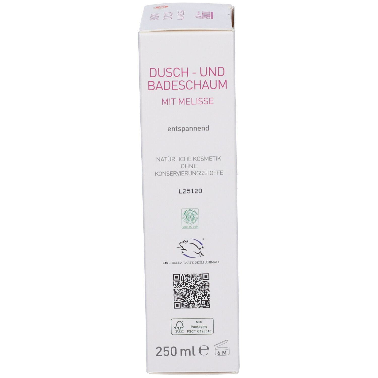 Confezione del prodotto. Scritta: DUSCH- UND BADESCHAUM MIT MELISSE entspannend. Logo ARGITAL. Certificazione Bio. 250 ml.