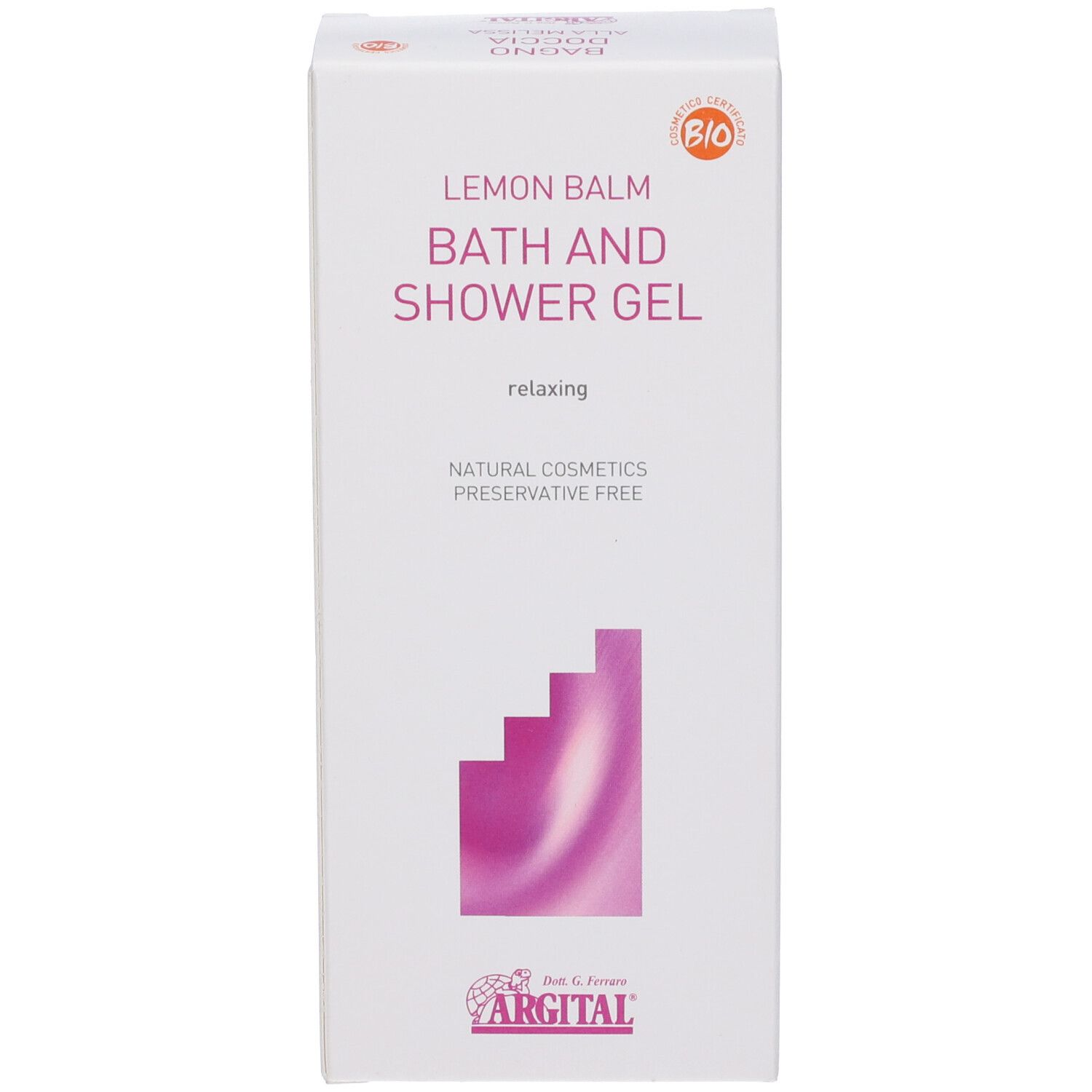 Confezione del prodotto. Scritta: LEMON BALM BATH AND SHOWER GEL relaxing. Logo ARGITAL. Certificazione Bio.
