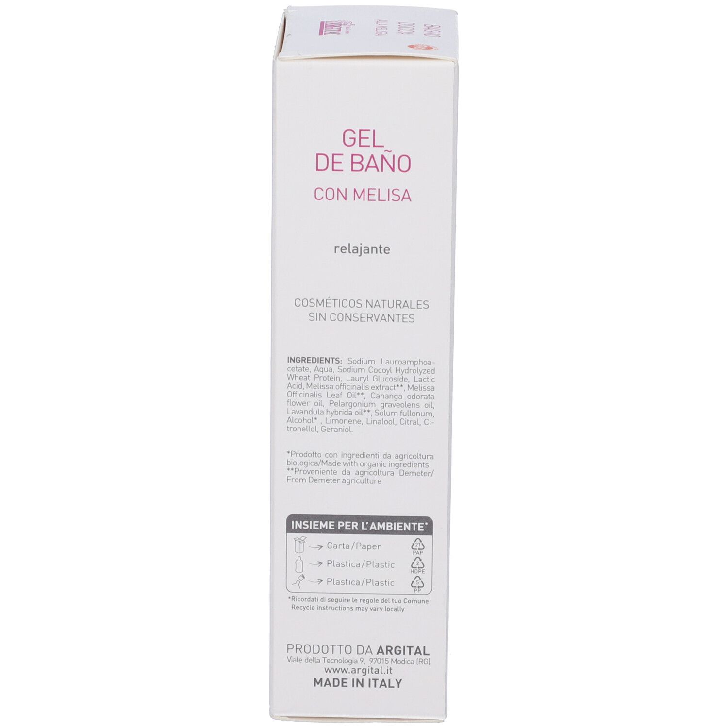 Confezione del prodotto. Scritta: GEL DE BAÑO CON MELISA relajante. Ingredienti. Logo ARGITAL. Prodotto in Italia.
