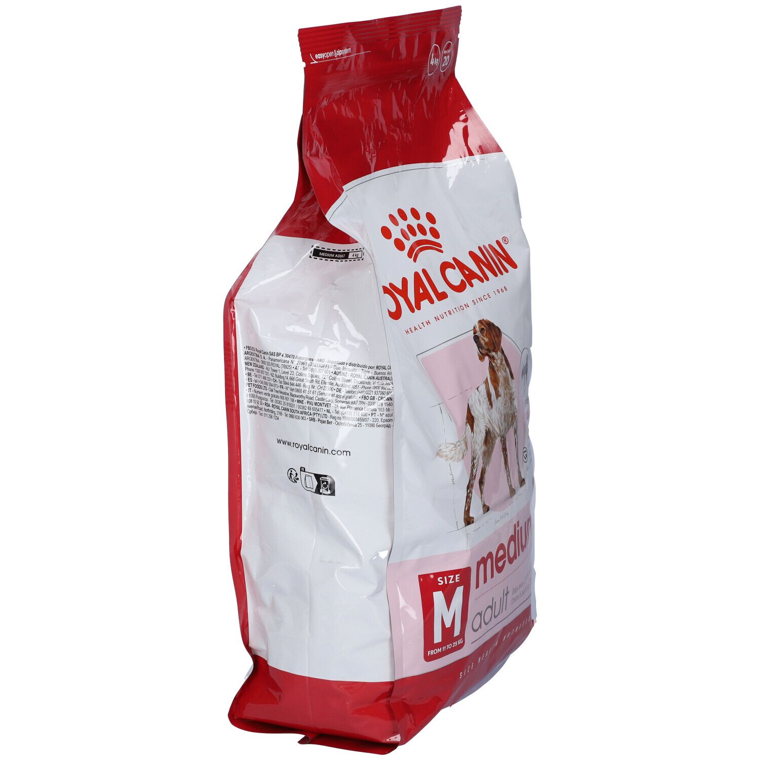 Sacchetto di cibo per cani Royal Canin Medium Adult. Vista laterale. Confezione rossa e bianca. Testo e logo.