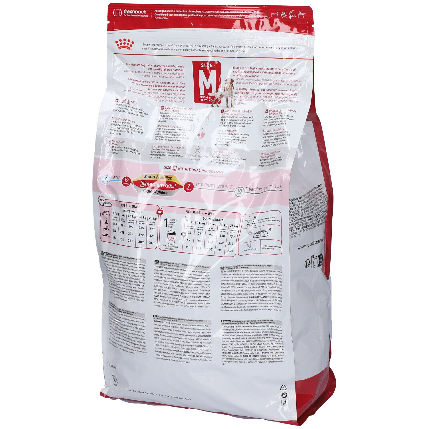 Retro di un sacchetto Royal Canin Medium Adult per cani, 4 kg, con tabelle nutrizionali e descrizioni del prodotto.