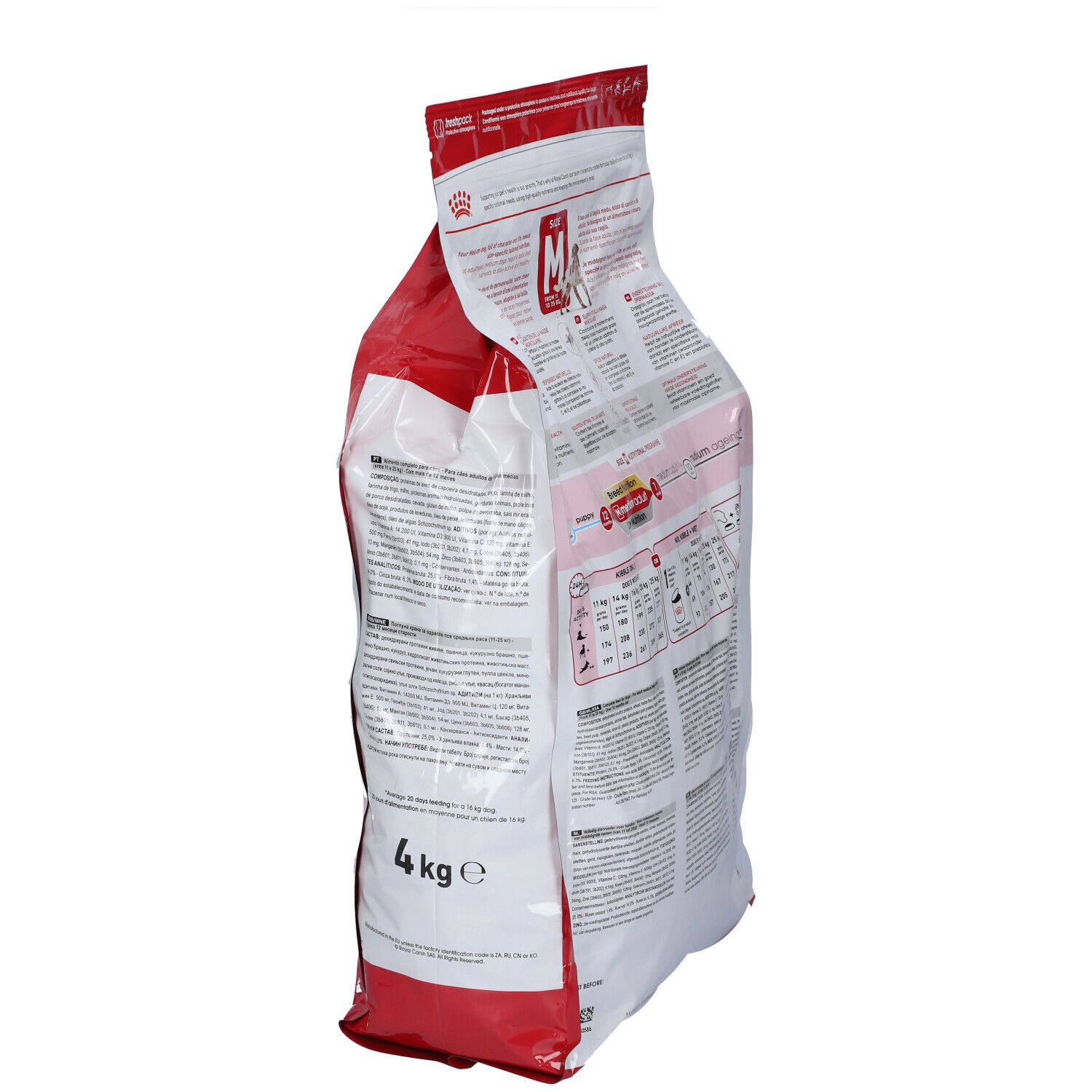 Sacchetto di cibo per cani Royal Canin Medium Adult. Vista posteriore. Confezione rossa e bianca. Testo e informazioni nutrizionali.