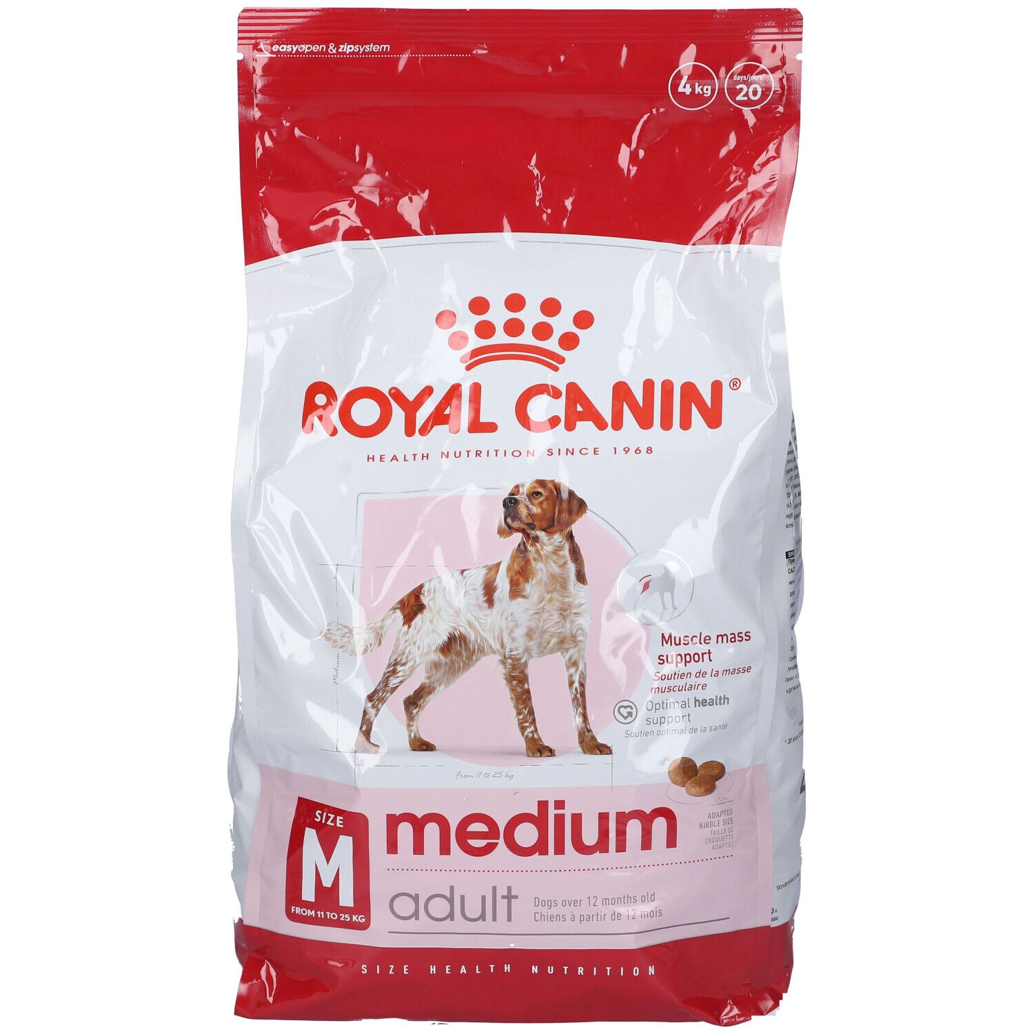 Sacchetto di cibo per cani Royal Canin Medium Adult 4 kg. Immagine di un cane. Confezione rossa e bianca.