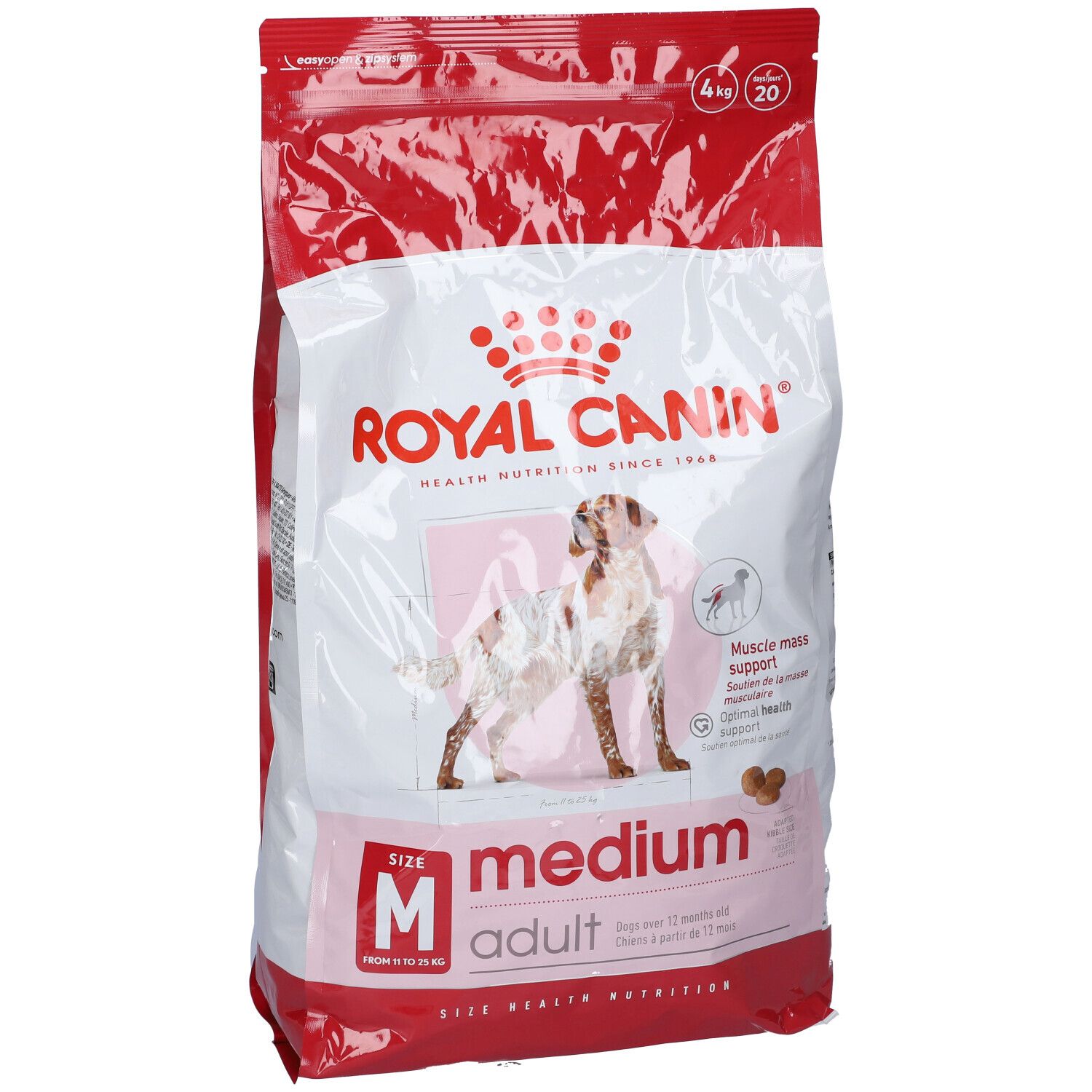 Sacchetto di cibo per cani Royal Canin Medium Adult 4 kg. Immagine di un cane. Confezione rossa e bianca.