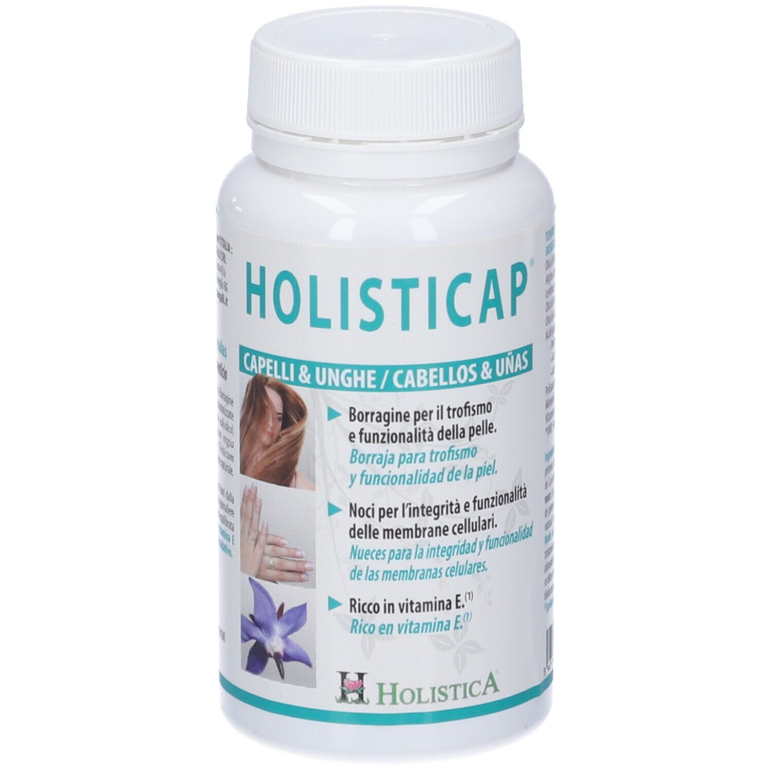 Flacone Holisticap. Scritta Capelli & Unghie. Contiene capsule. Immagini di capelli, mani e fiore. Tappo bianco.