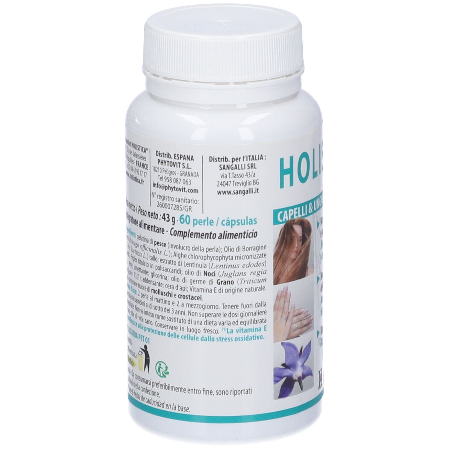 Flacone Holisticap. Scritta Capelli & Unghie. Contiene capsule. Immagini di capelli, mani e fiore. Tappo bianco.