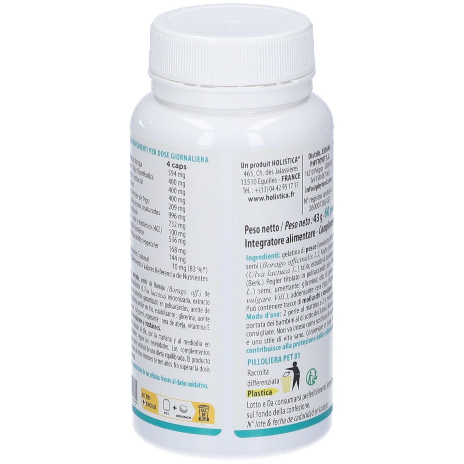 Flacone Holisticap. Scritta Capelli & Unghie. Contiene capsule. Immagini di capelli, mani e fiore. Tappo bianco.