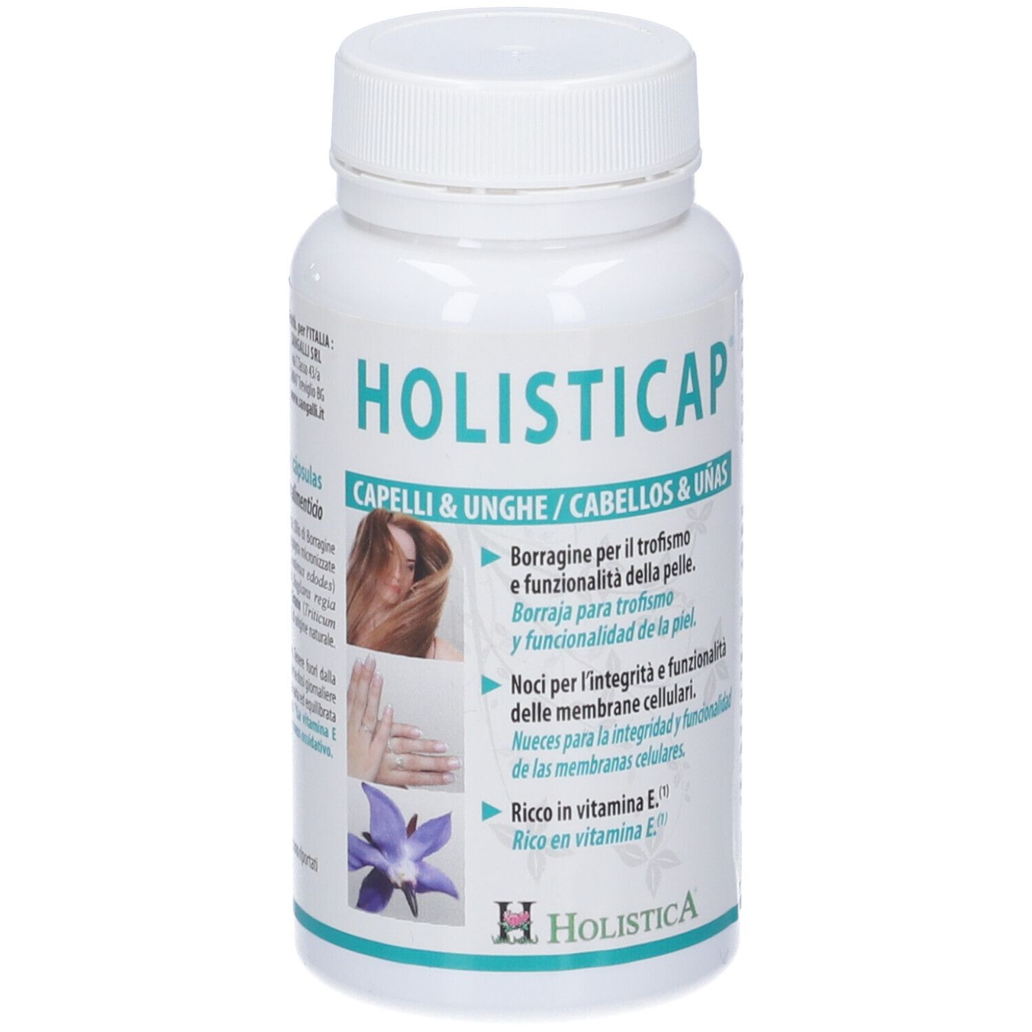 Retro flacone Holisticap. Ingredienti e dosaggio. Contiene 60 capsule. Tappo bianco. Testo in italiano.