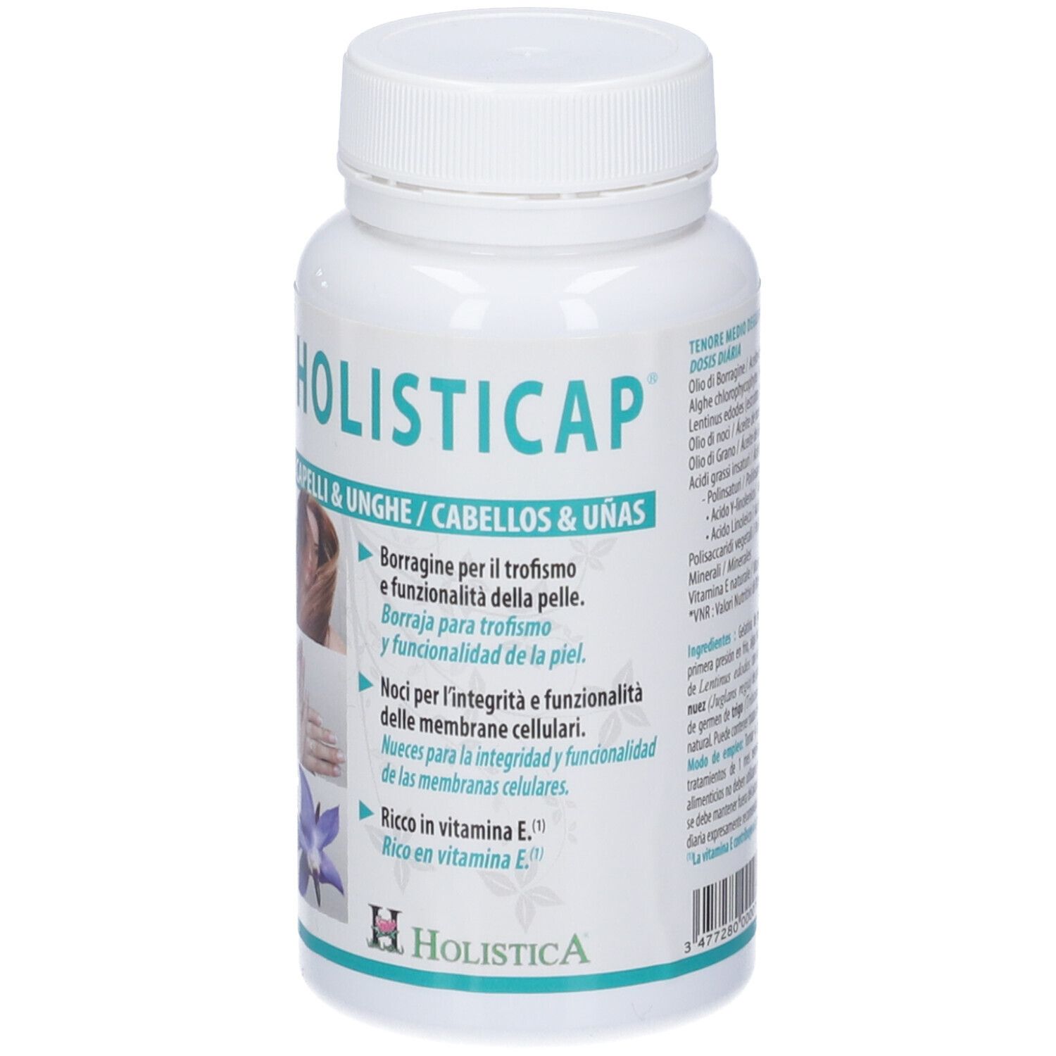 Flacone Holisticap. Scritta Capelli & Unghie. Contiene capsule. Immagini di capelli, mani e fiore. Tappo bianco.