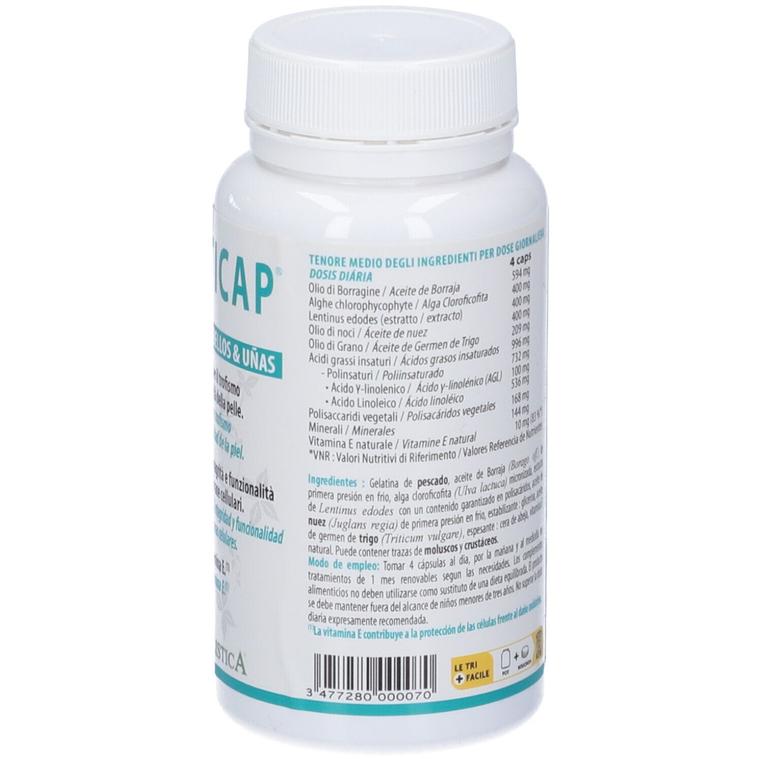 Retro flacone Holisticap. Ingredienti e dosaggio. Contiene 60 capsule. Tappo bianco. Testo in italiano.