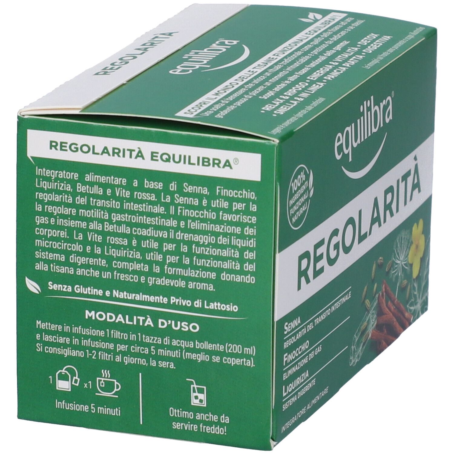 Scatola verde Equilibra® Regolarità. Istruzioni per l'uso, ingredienti. Logo Equilibra®. 100% ingredienti naturali. Senza glutine e lattosio.