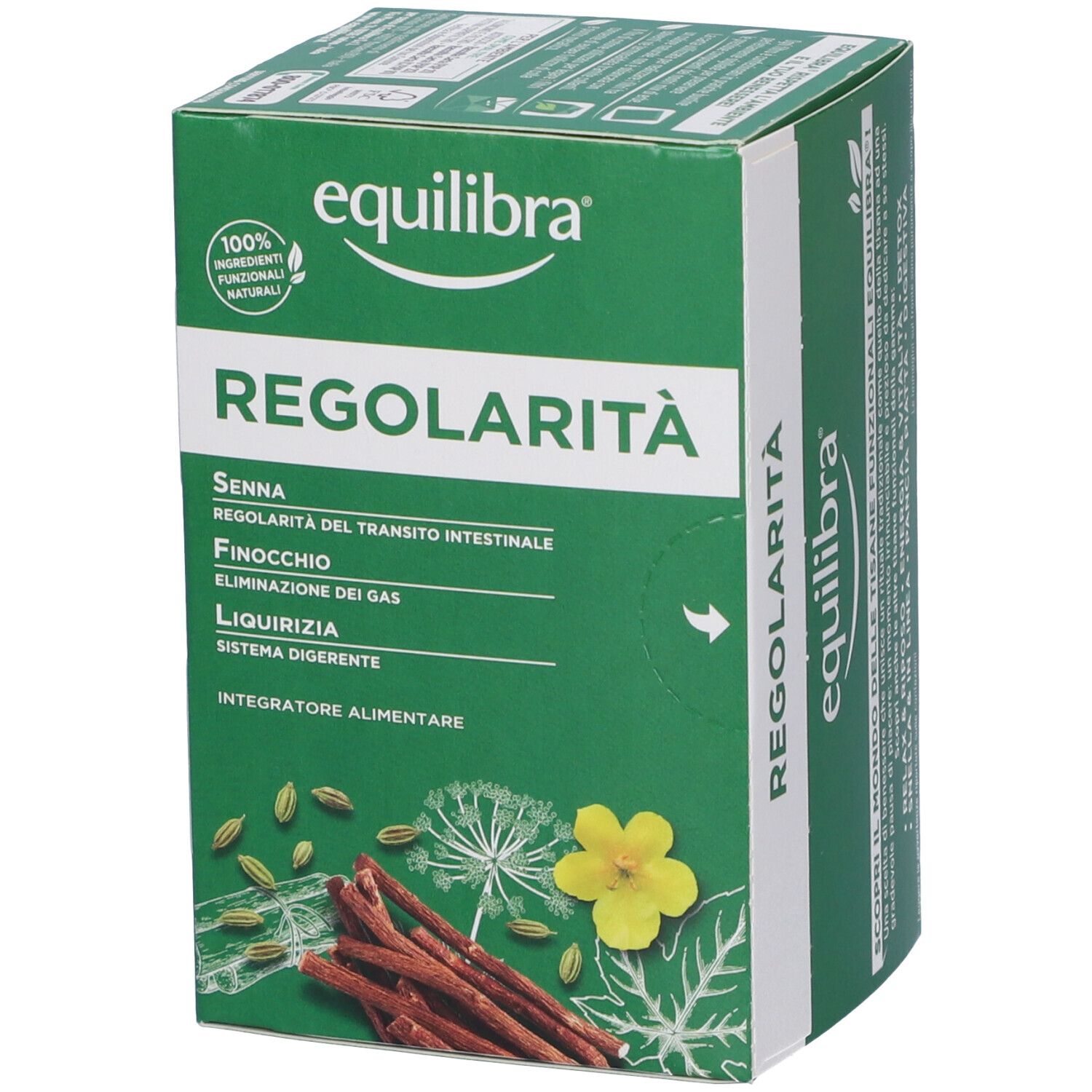 Scatola verde Equilibra® Regolarità. Contiene: Senna, Finocchio, Liquirizia. Logo Equilibra®. 100% ingredienti naturali. Illustrazioni di erbe.