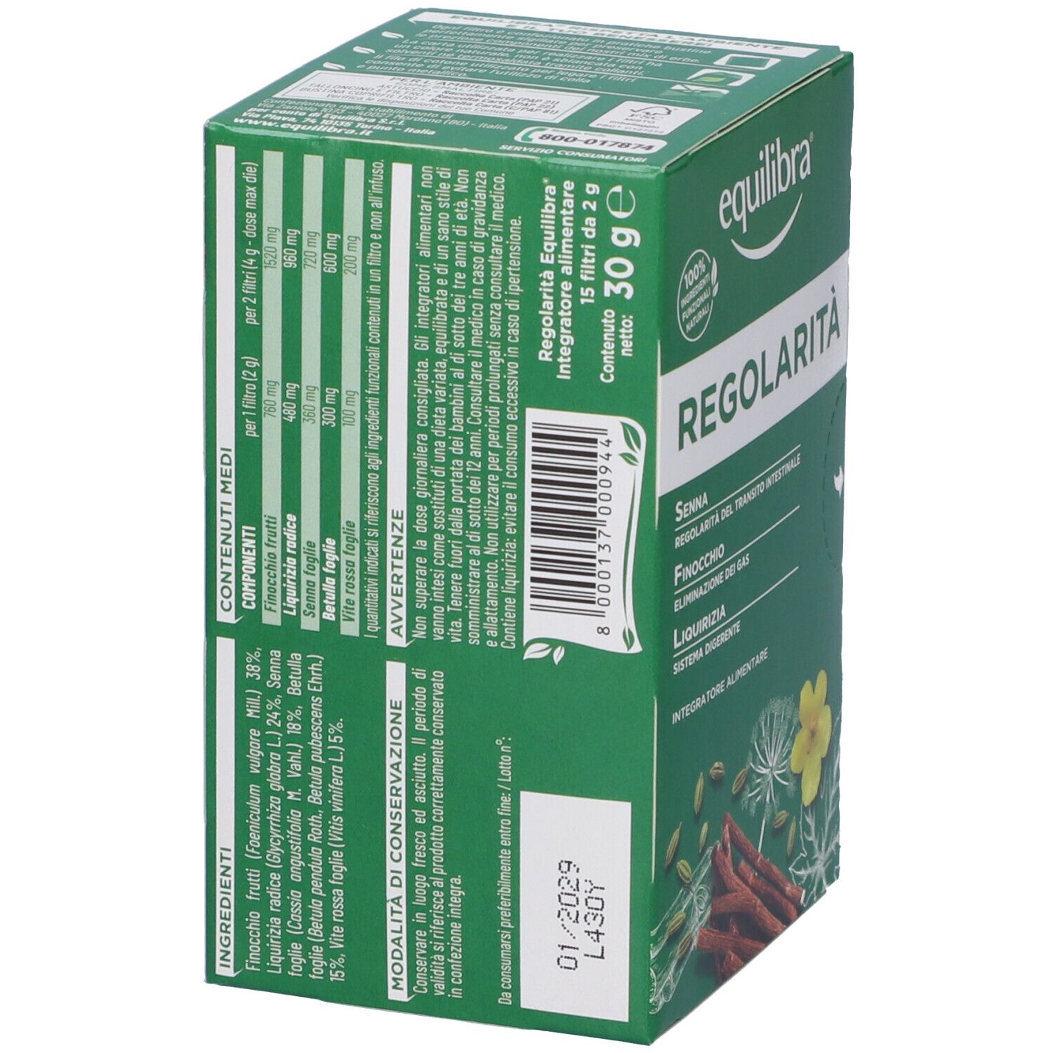 Scatola verde Equilibra® Regolarità. Informazioni nutrizionali, avvertenze. Logo Equilibra®. Contenuto: 30 g. Da consumare preferibilmente entro 01/2029.