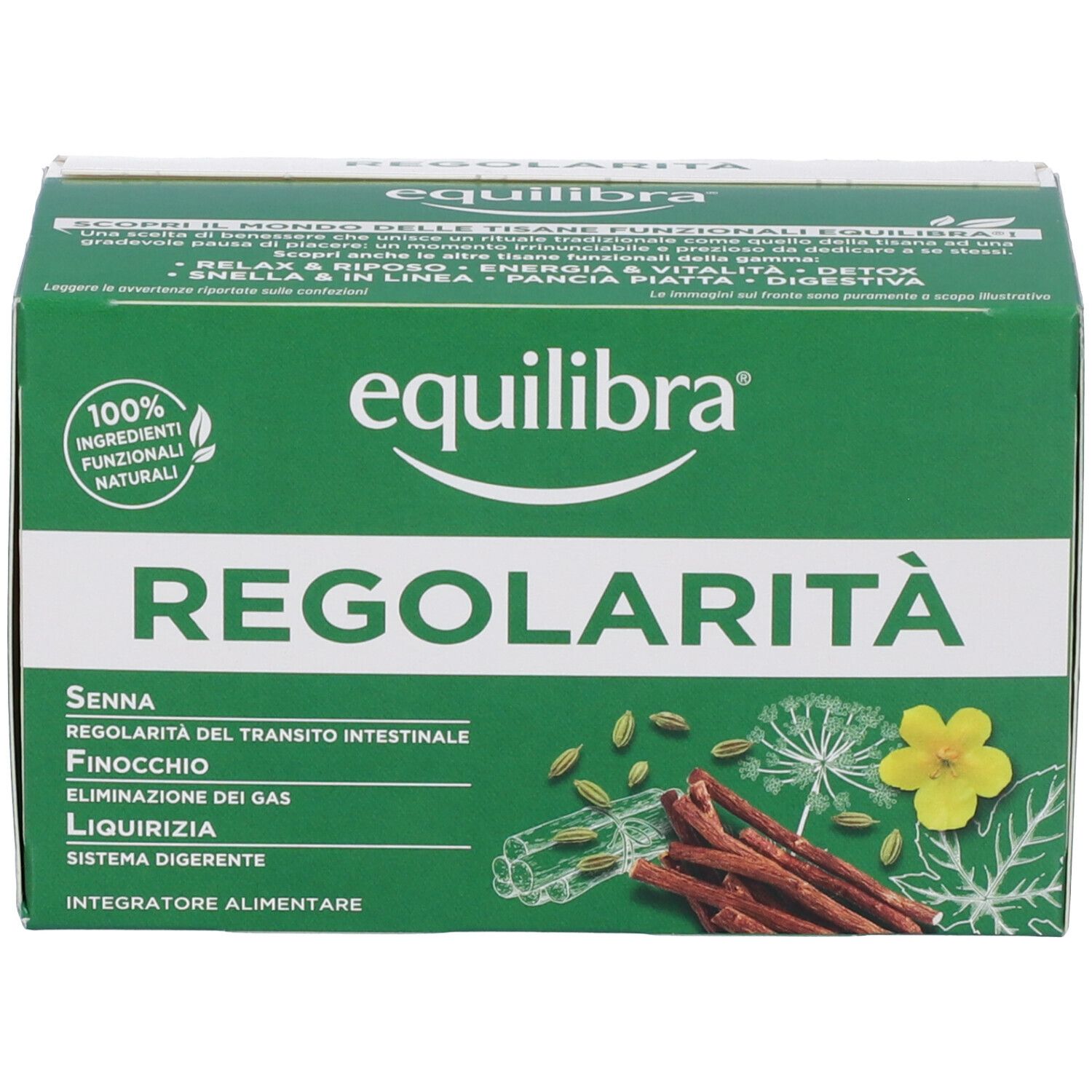 Scatola verde Equilibra® Regolarità. Contiene: Senna, Finocchio, Liquirizia. Logo Equilibra®. 100% ingredienti naturali. Illustrazioni di erbe.