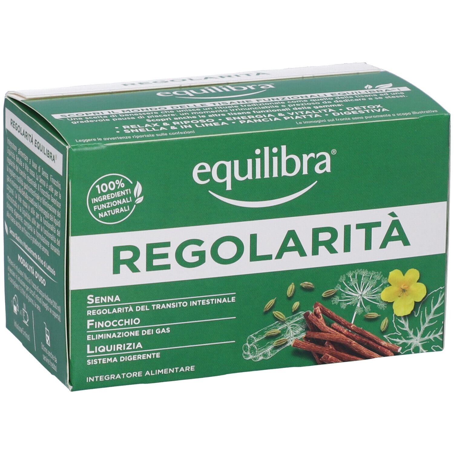 Scatola verde Equilibra® Regolarità. Contiene: Senna, Finocchio, Liquirizia. Logo Equilibra®. Illustrazioni di erbe. Nome del prodotto.