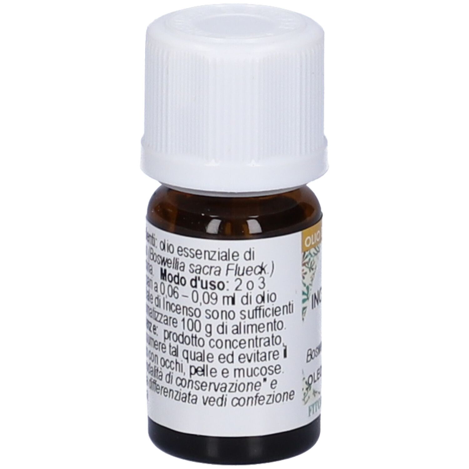 Flacone di vetro marrone con tappo bianco. Etichetta con testo. Prodotto: Incenso, Olio Essenziale. Marchio: Fitomedical.