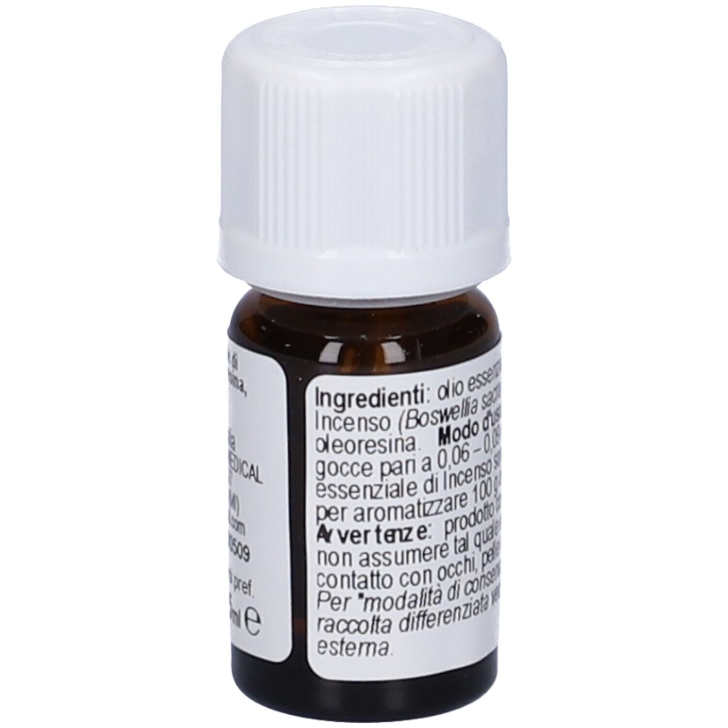 Flacone di vetro marrone con tappo bianco. Etichetta con testo. Prodotto: Incenso, Olio Essenziale. Marchio: Fitomedical.