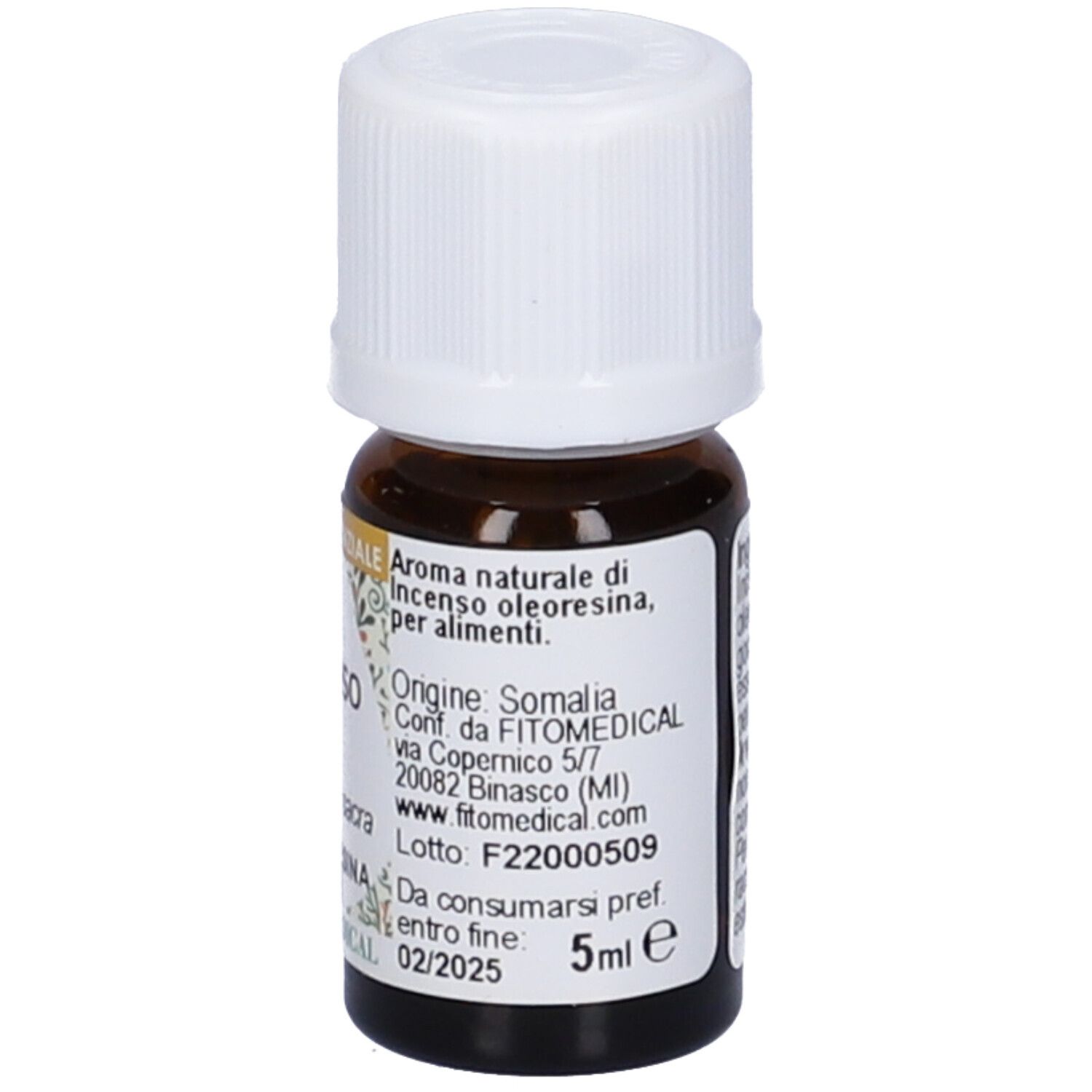 Flacone di vetro marrone con tappo bianco. Etichetta con testo. Prodotto: Incenso, Olio Essenziale. Marchio: Fitomedical.