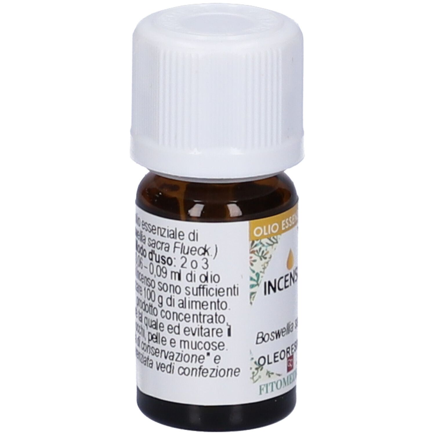 Flacone di vetro marrone con tappo bianco. Etichetta con testo. Prodotto: Incenso, Olio Essenziale. Marchio: Fitomedical.