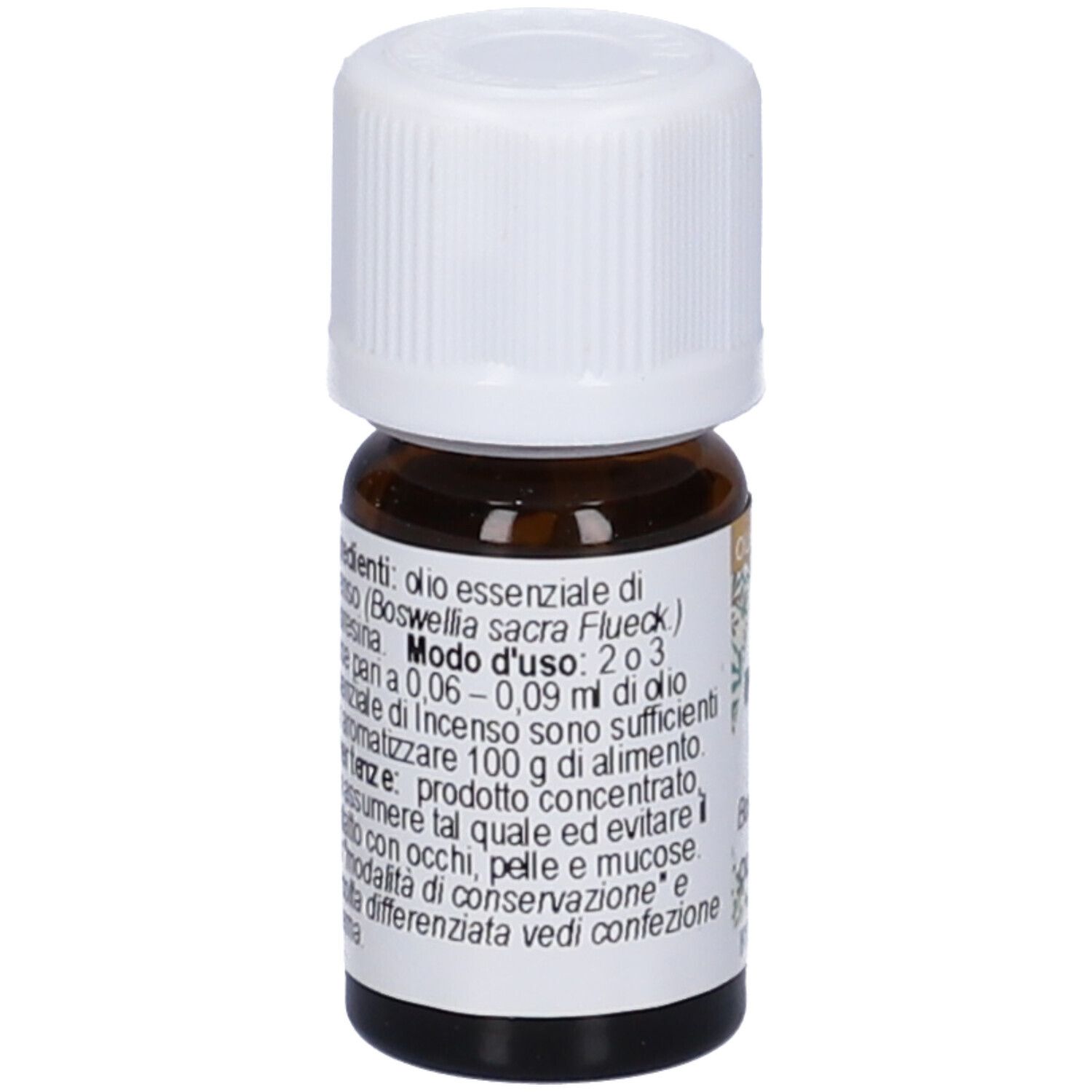 Flacone di vetro marrone con tappo bianco. Etichetta con testo. Prodotto: Incenso, Olio Essenziale. Marchio: Fitomedical.