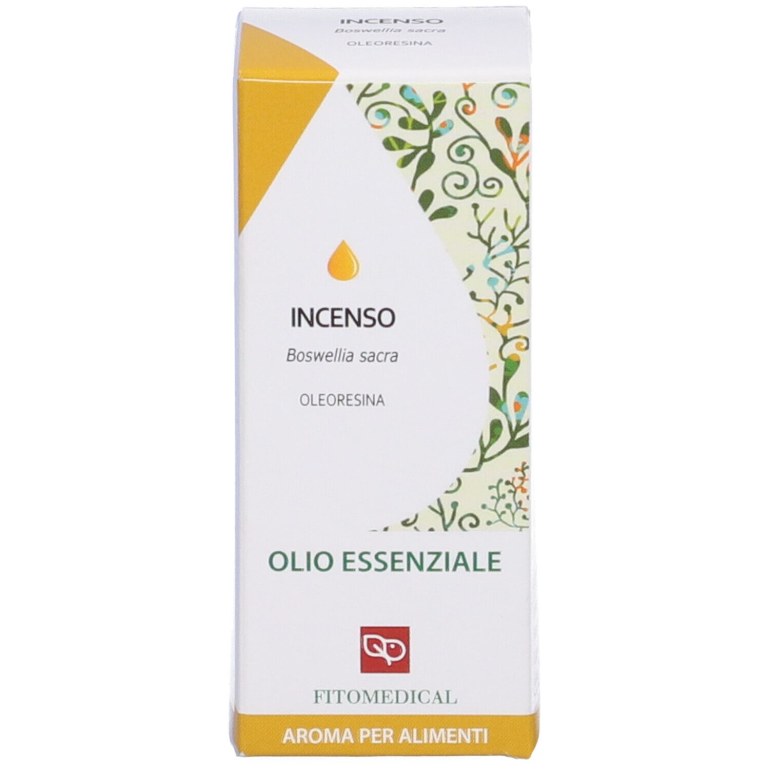 Scatola con etichetta prodotto. Scritto: Incenso, Boswellia sacra, Oleresina, Olio Essenziale. Marchio: Fitomedical.