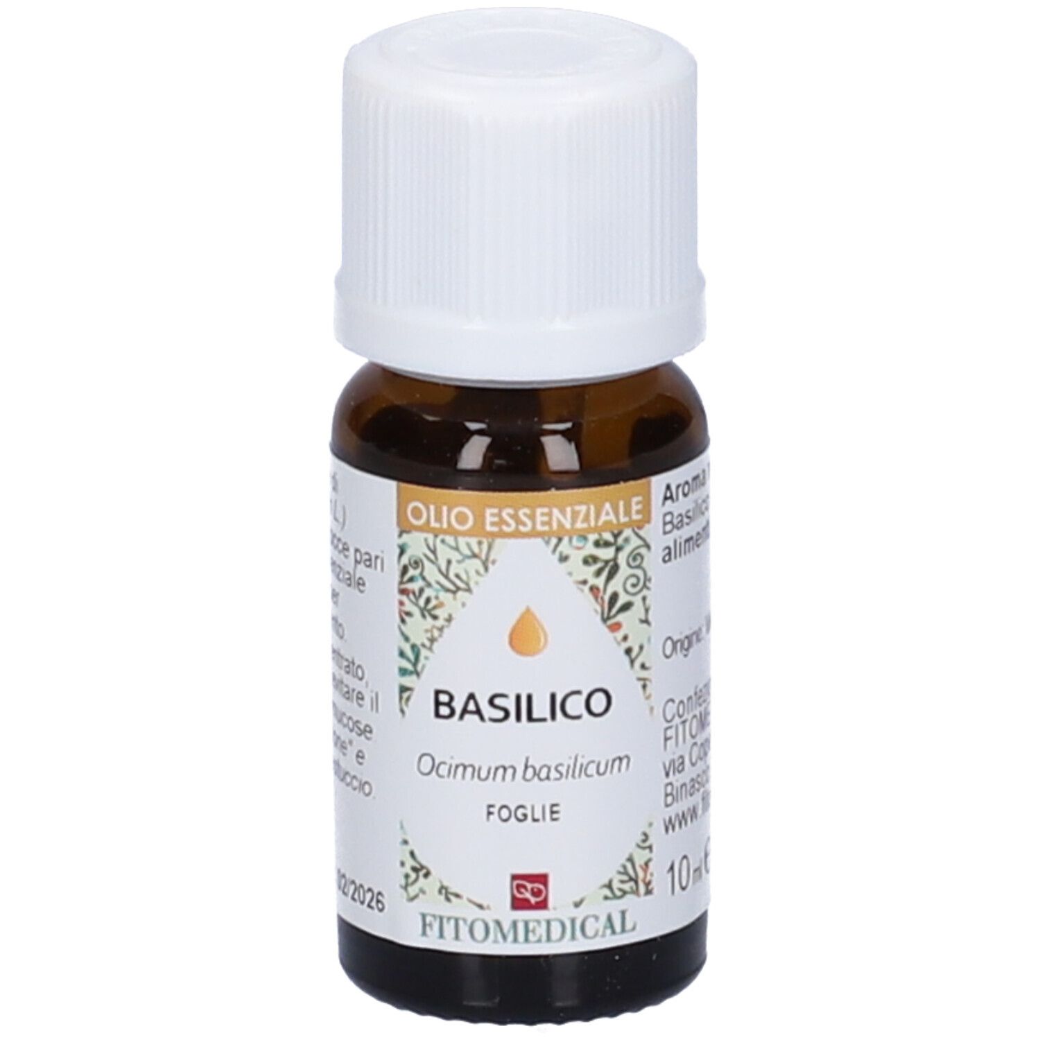 Flacone di vetro marrone con tappo bianco. Scritto: Basilico, Ocimum basilicum, FOGLIE, Olio Essenziale, FitoMedical.