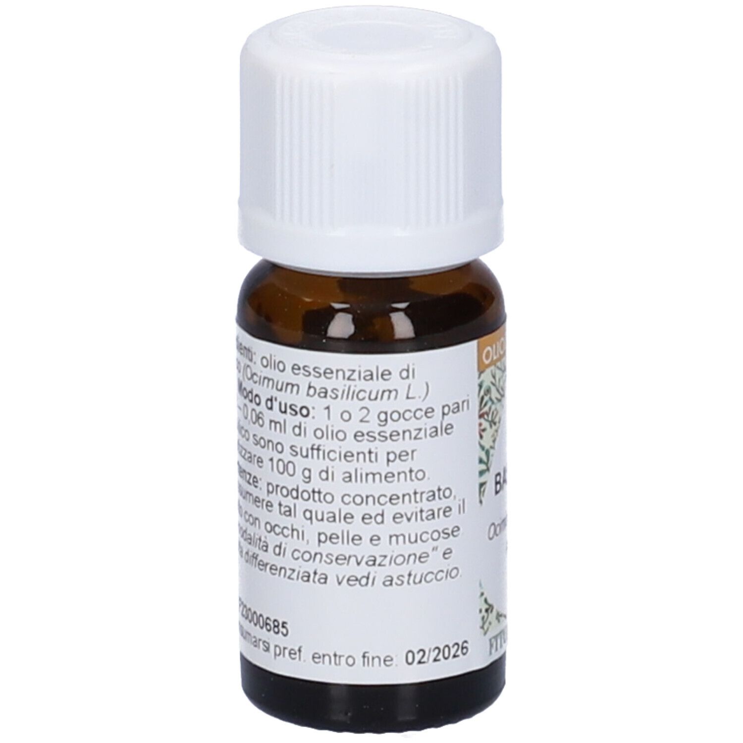 Flacone di vetro marrone con tappo bianco. Scritto: Basilico, Ocimum basilicum, FOGLIE, Olio Essenziale, FitoMedical.