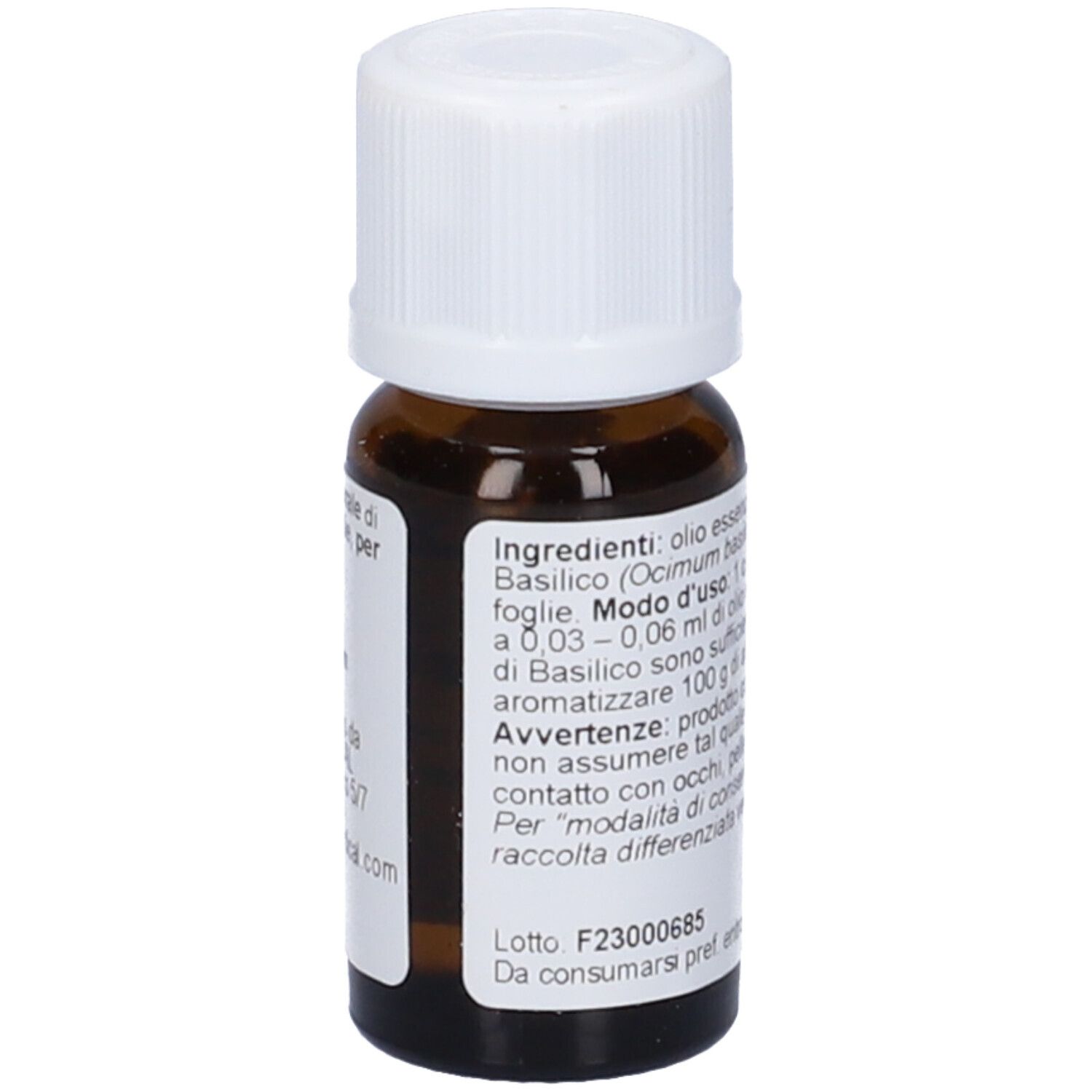 Flacone di vetro marrone con tappo bianco. Scritto: Basilico, Ocimum basilicum, FOGLIE, Olio Essenziale, FitoMedical.