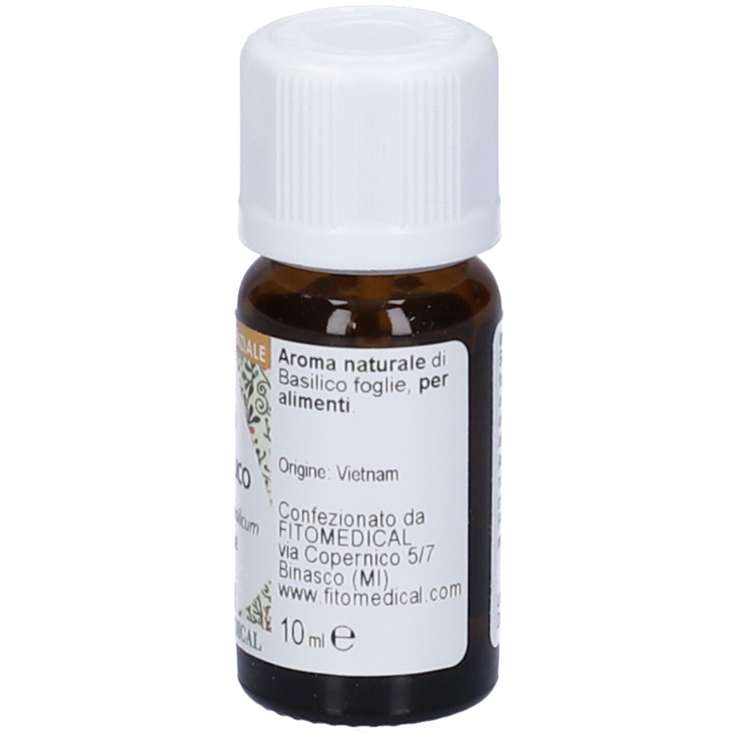 Flacone di vetro marrone con tappo bianco. Scritto: Basilico, Ocimum basilicum, FOGLIE, Olio Essenziale, FitoMedical.