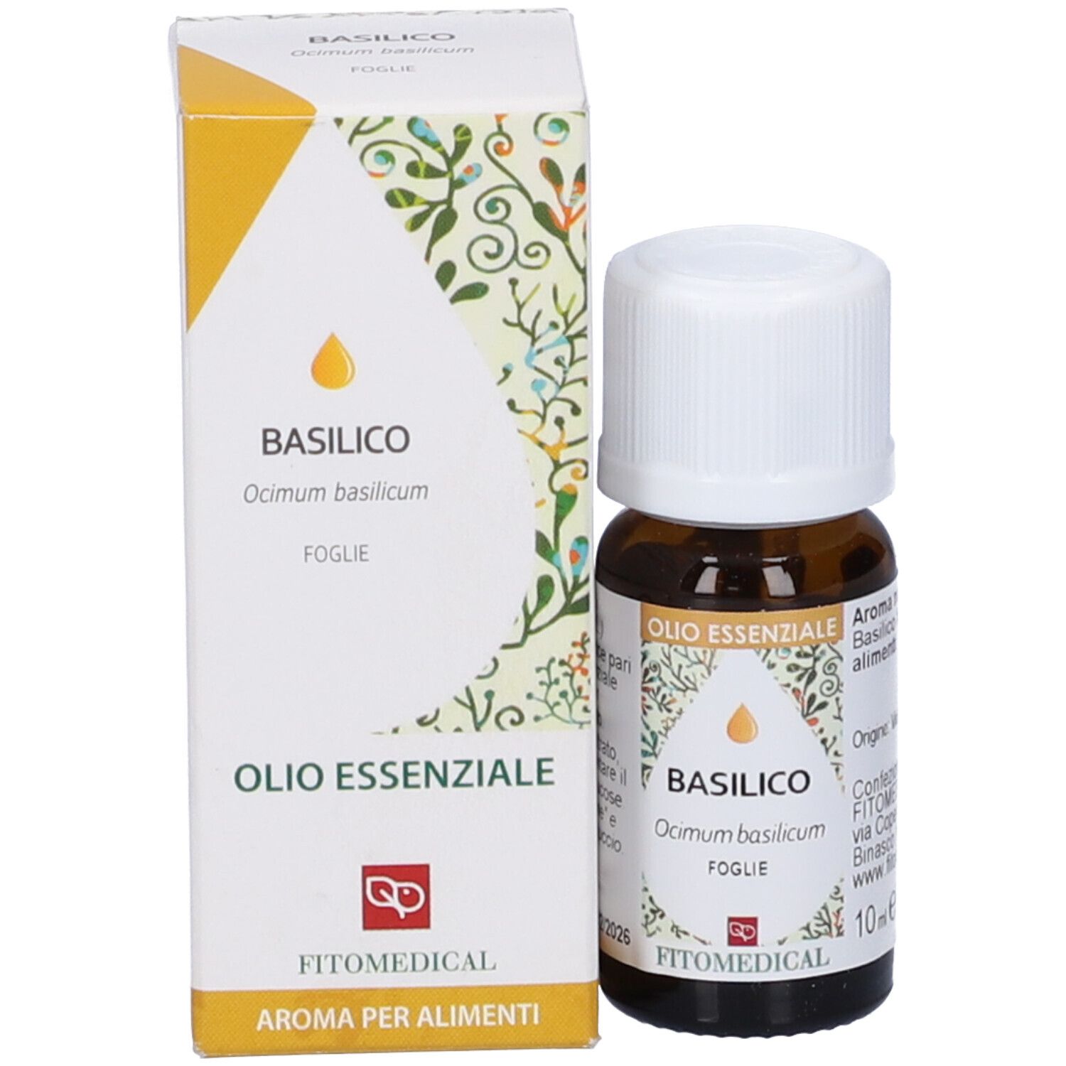 Flacone di vetro marrone e scatola. Scritto: Basilico, Ocimum basilicum, FOGLIE, Olio Essenziale, FitoMedical.