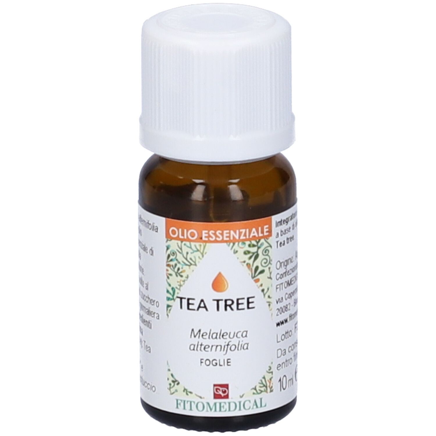 Flacone di vetro marrone con tappo bianco. Scritto: Tea Tree Olio Essenziale, 10 ml, FitoMedical.