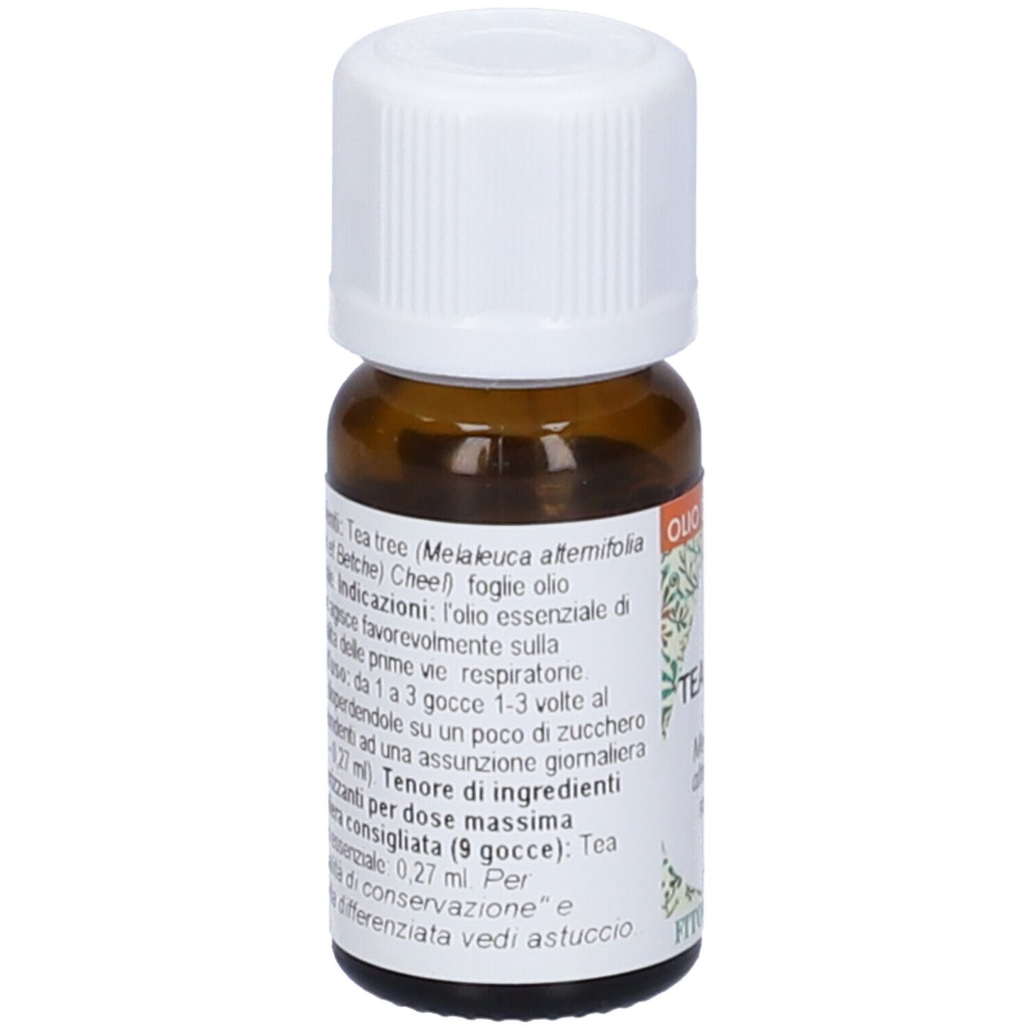 Flacone di vetro marrone con tappo bianco. Scritto: Tea Tree Olio Essenziale, FitoMedical. Etichetta con testo.