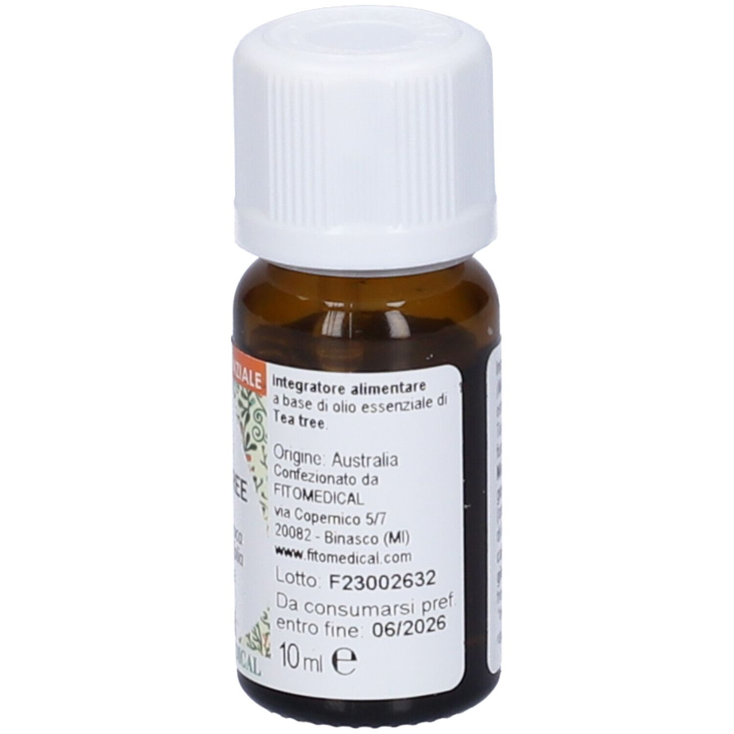 Flacone di vetro marrone con tappo bianco. Scritto: Tea Tree Olio Essenziale, FitoMedical. Etichetta con testo.
