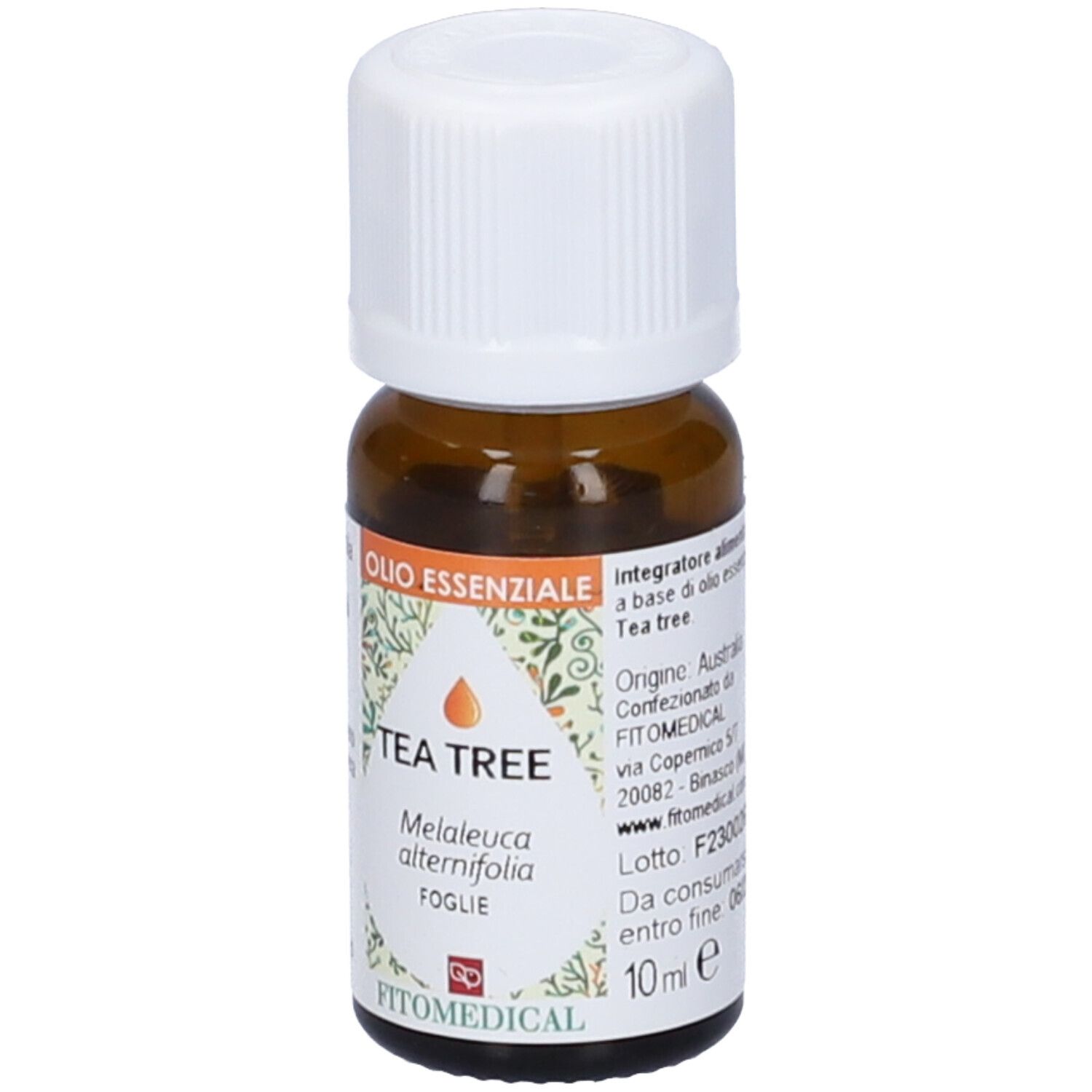 Flacone di vetro marrone con tappo bianco. Scritto: Tea Tree Olio Essenziale, FitoMedical. Etichetta con testo.