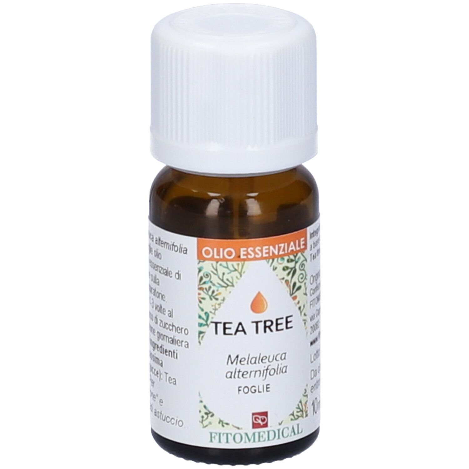 Flacone di vetro marrone con tappo bianco. Scritto: Tea Tree Olio Essenziale, FitoMedical. Etichetta con testo.
