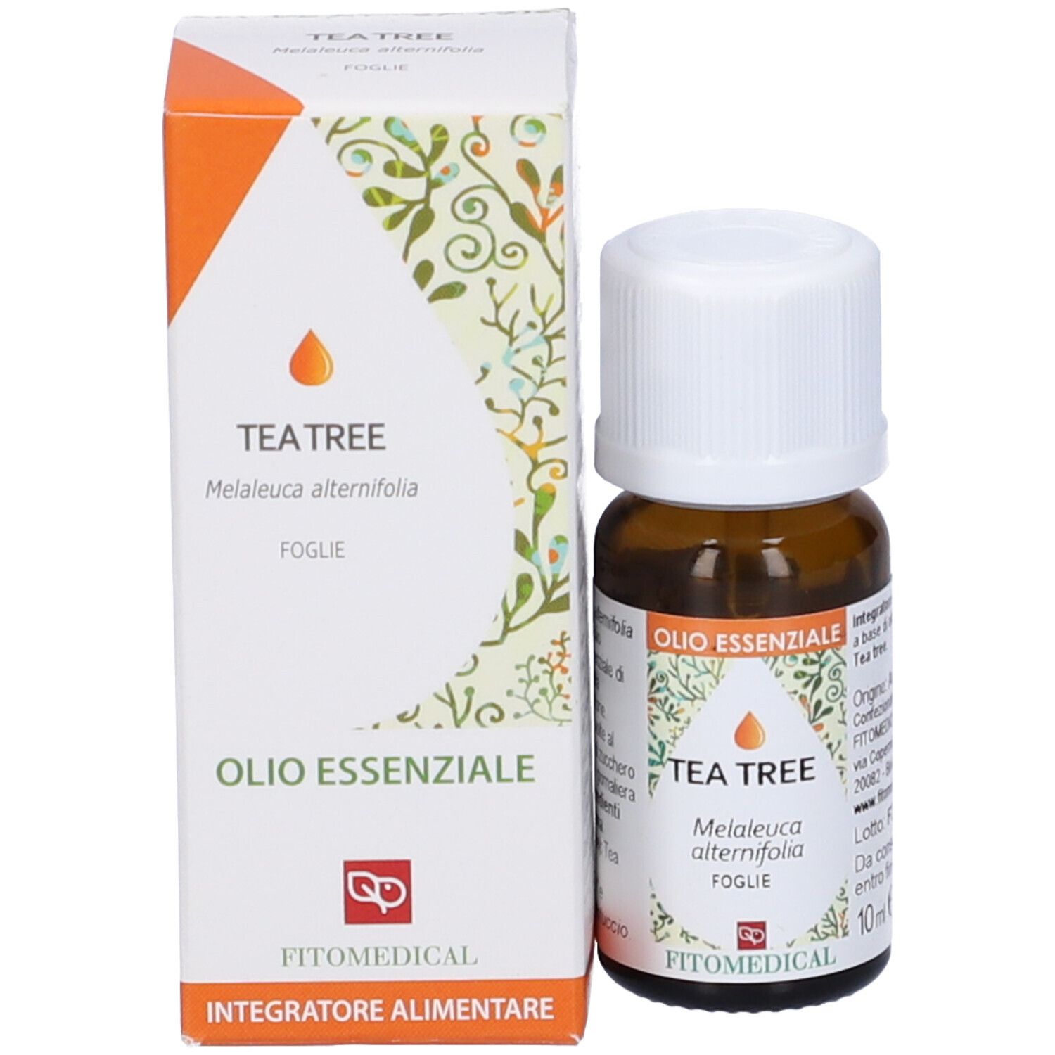Flacone di vetro marrone con tappo bianco e scatola bianca. Scritto: Tea Tree Olio Essenziale, FitoMedical.