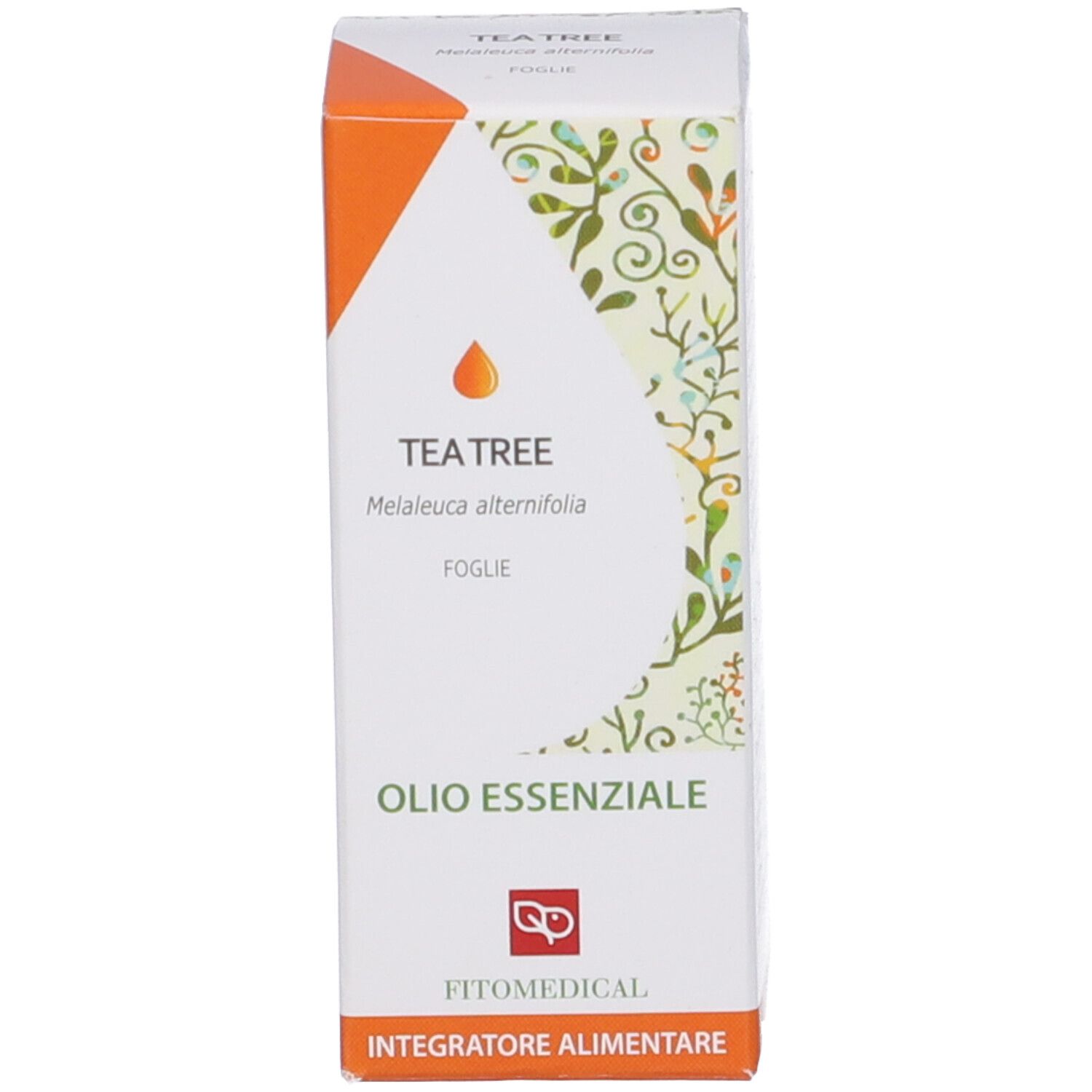 Scatola bianca con dettagli arancioni. Scritto: Tea Tree Olio Essenziale, FitoMedical.