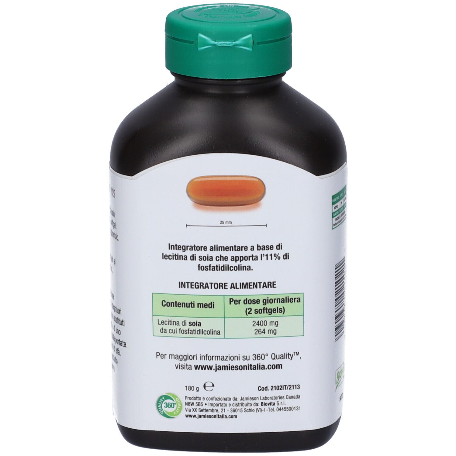 Retro del flacone Jamieson Lecithin 1200 con informazioni nutrizionali e dimensione del softgel.