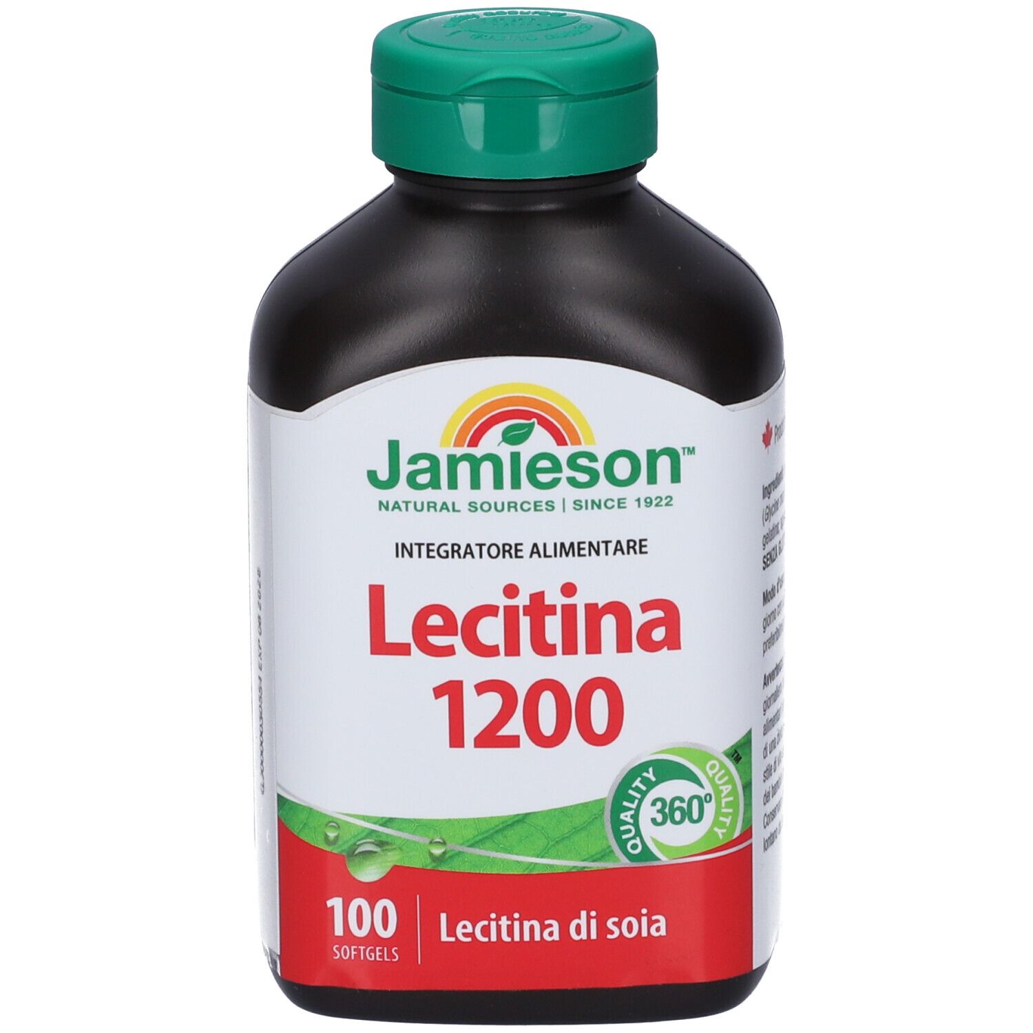 Flacone Jamieson Lecithin 1200 da 100 softgels. Tappo verde, contenitore nero.