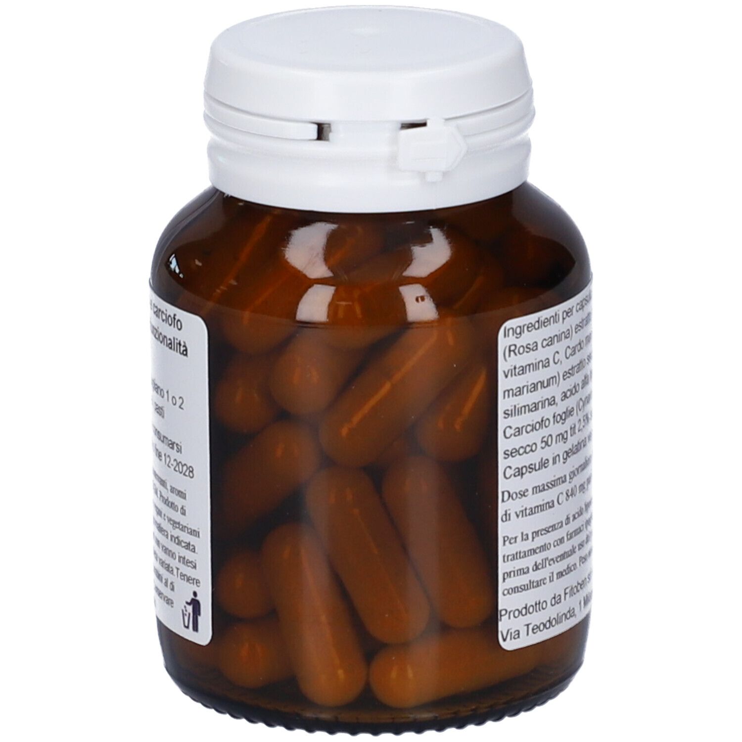 Flacone di vetro marrone con tappo bianco. Capsule marroni visibili. Etichetta con informazioni.