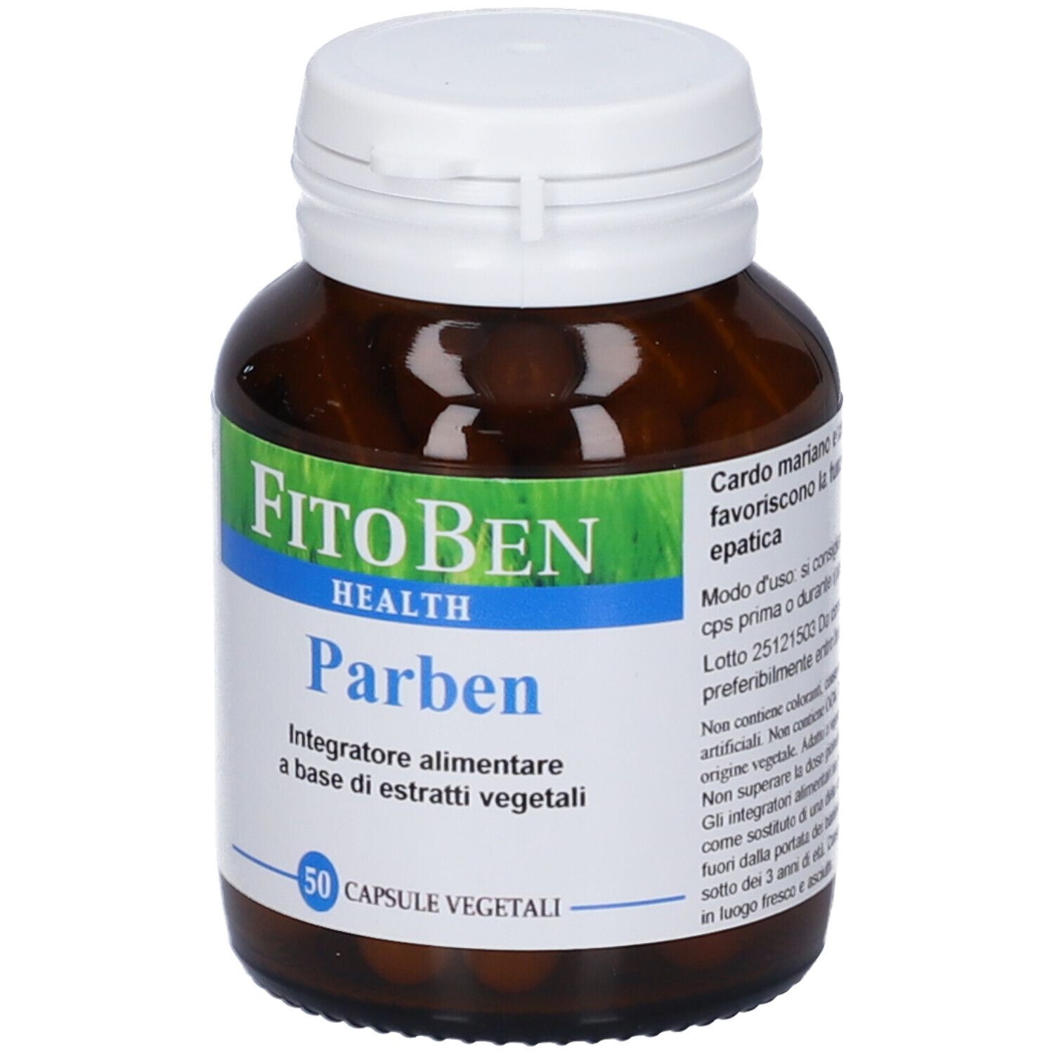 Flacone di vetro marrone con tappo bianco. Etichetta "FitoBen Health Parben" e "50 Capsule Vegetali".